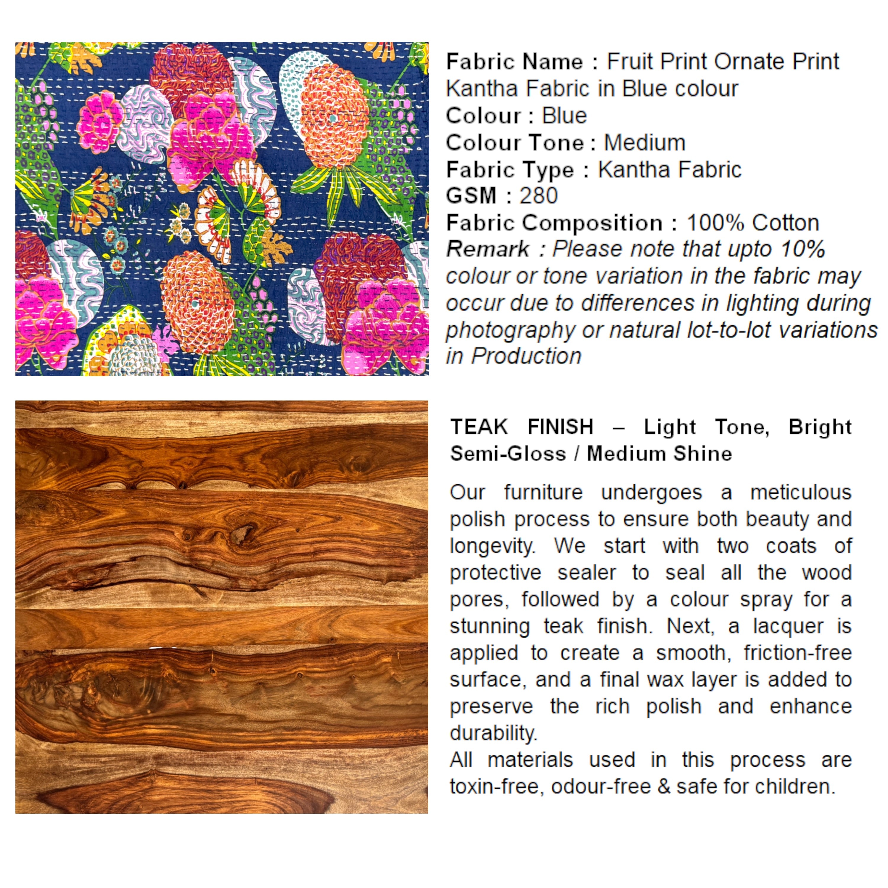 Bestone Sheesham Wood Mid Century 2 Seater Bench In Fruit Print Blue Kantha