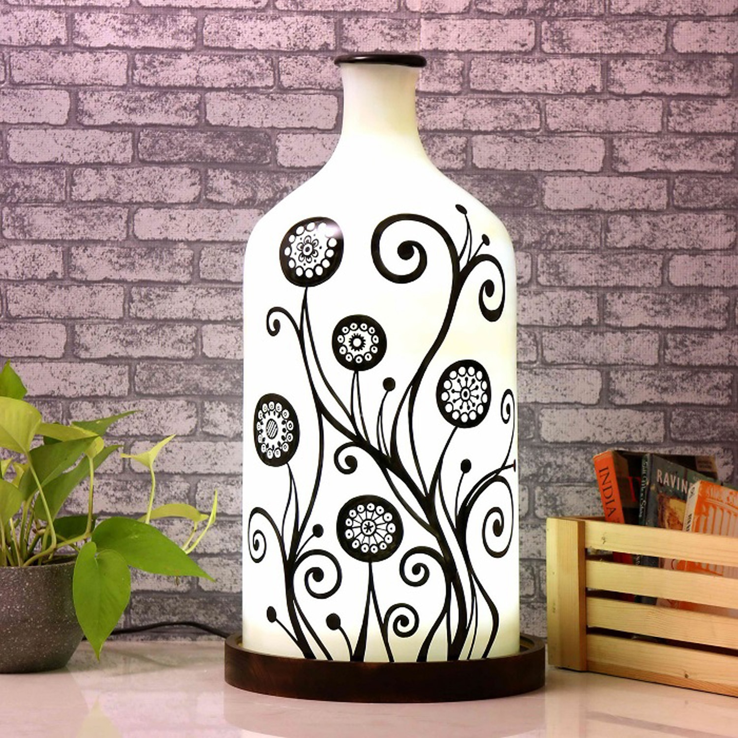 Contemporary Art Hand Painted Glass Shade Table Lamp with Wooden Base - Posh N Plush