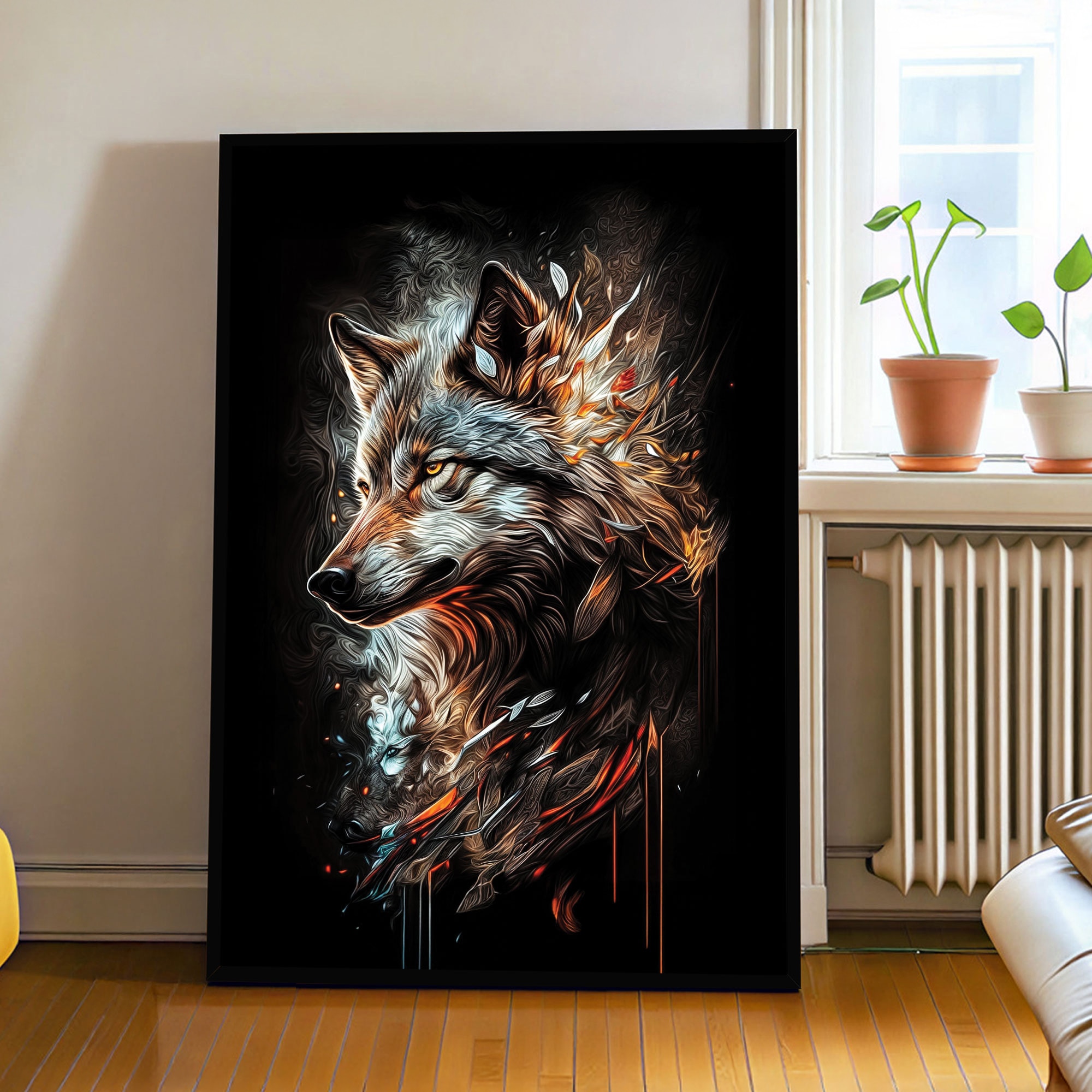 The Castle Decor Fire Wolf Spirit Wall Art Framed Painting 20x30 Inch - The Castle Decor