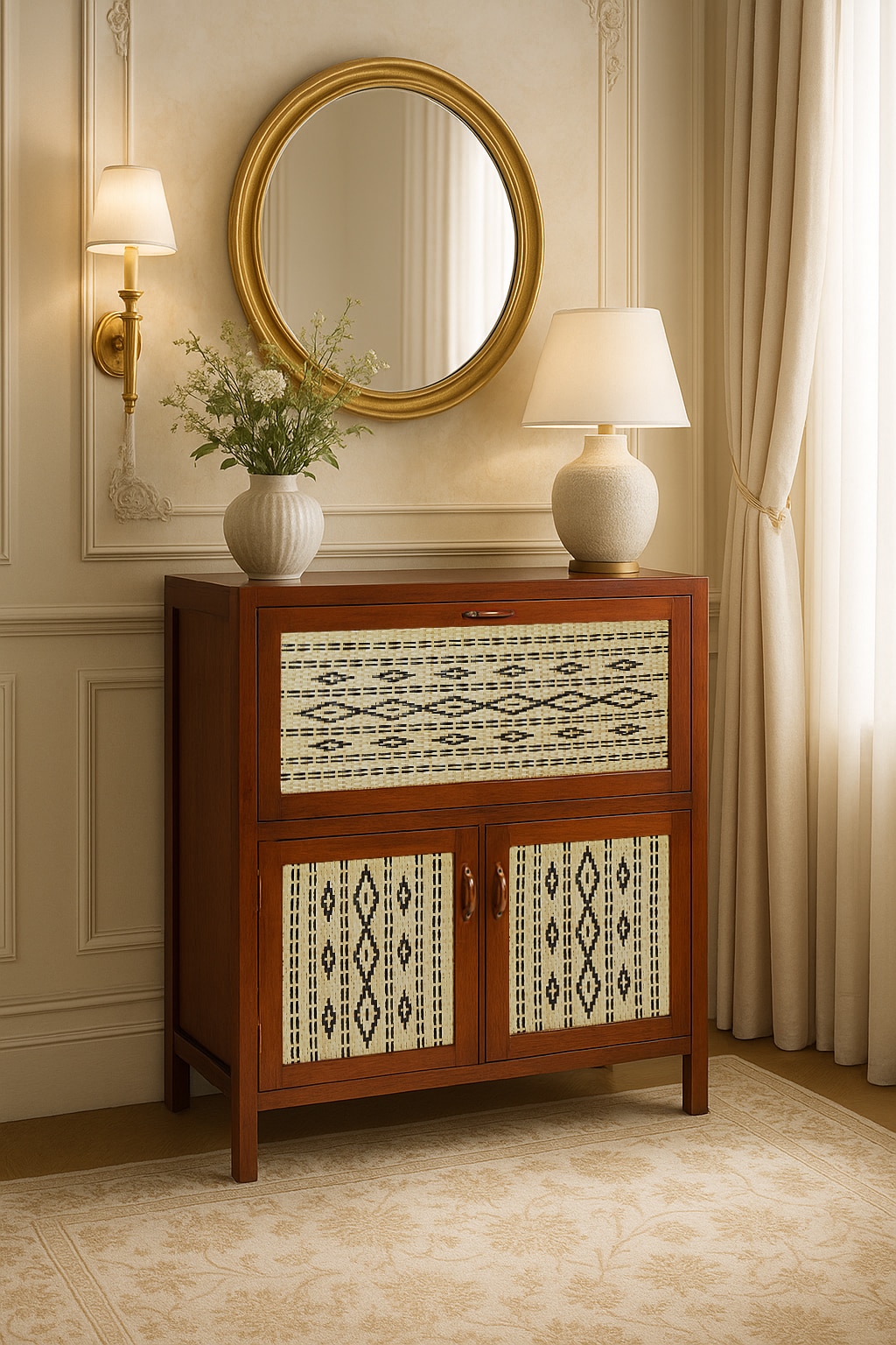 Teak Wood & Cane Bar Cabinet