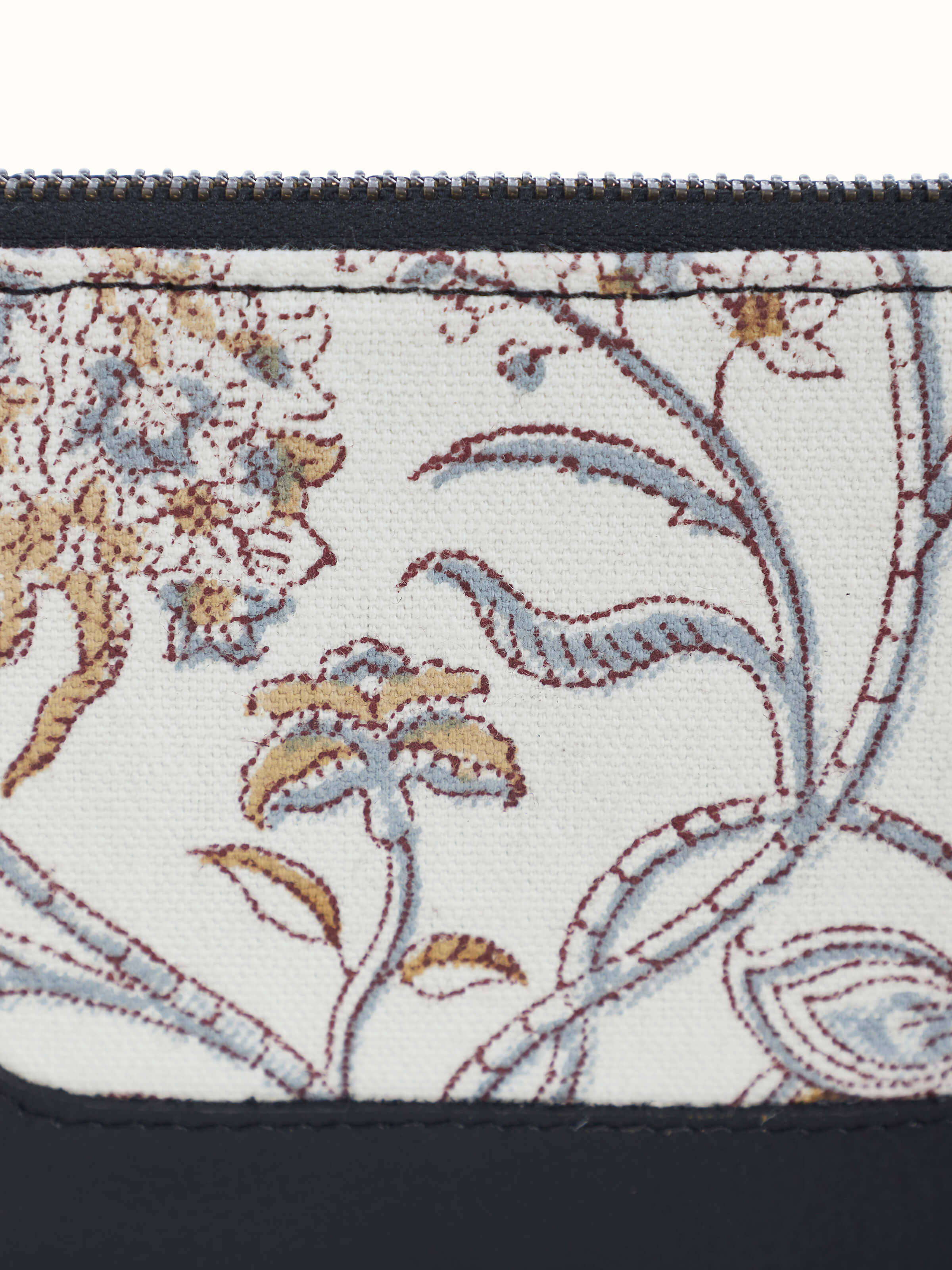 Detailed shot of zipper and stitching on handcrafted travel wallet.