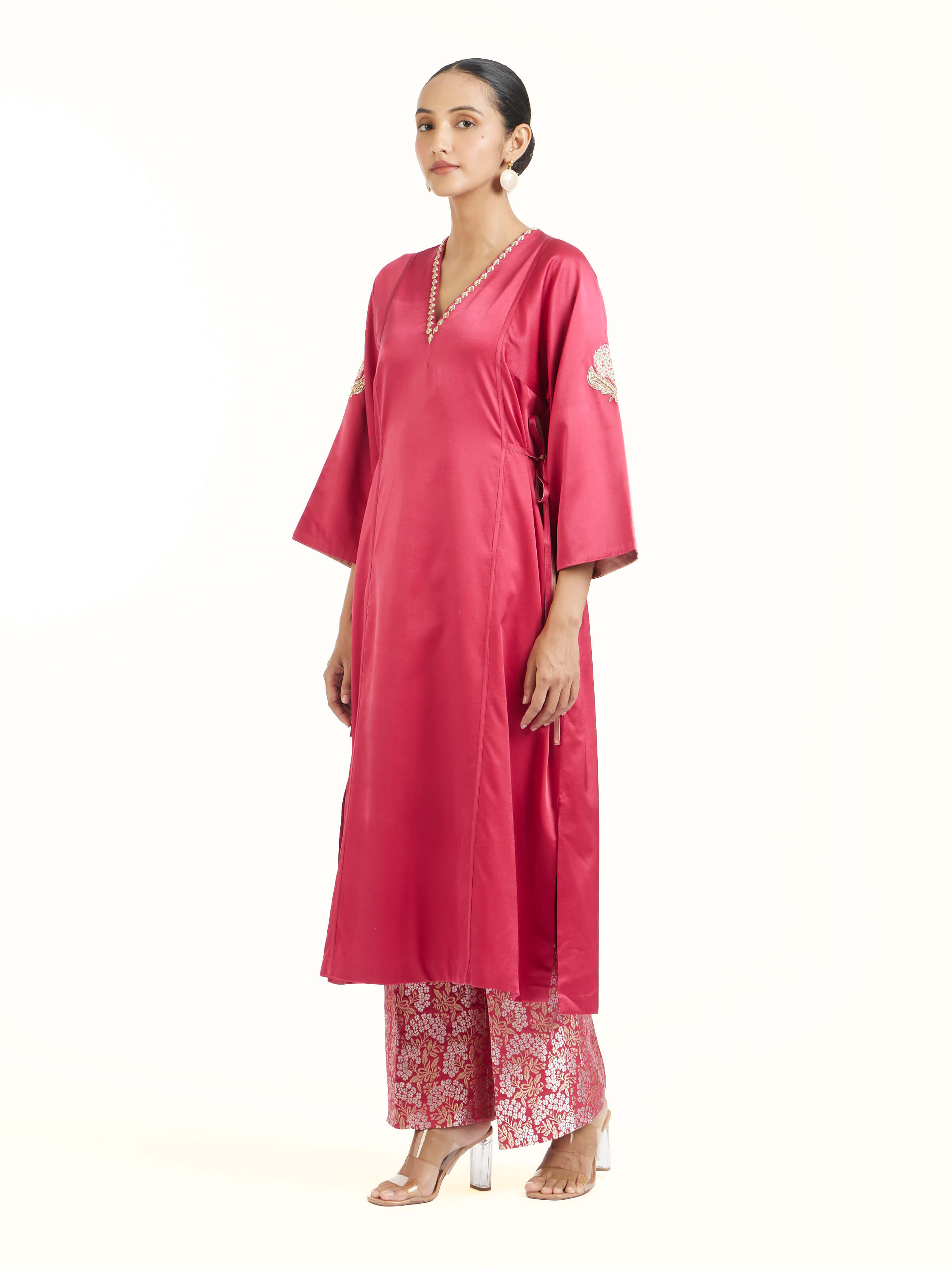 Side view of berry silk Banarasi co-ord set highlighting coordinated silhouette