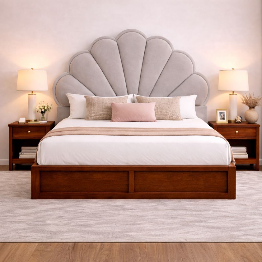 Zyra Solid Wood Queen  Size Upholstered Bed With Box Storage (Provincial Teak Finish, Grey Colour) - Globally Indian