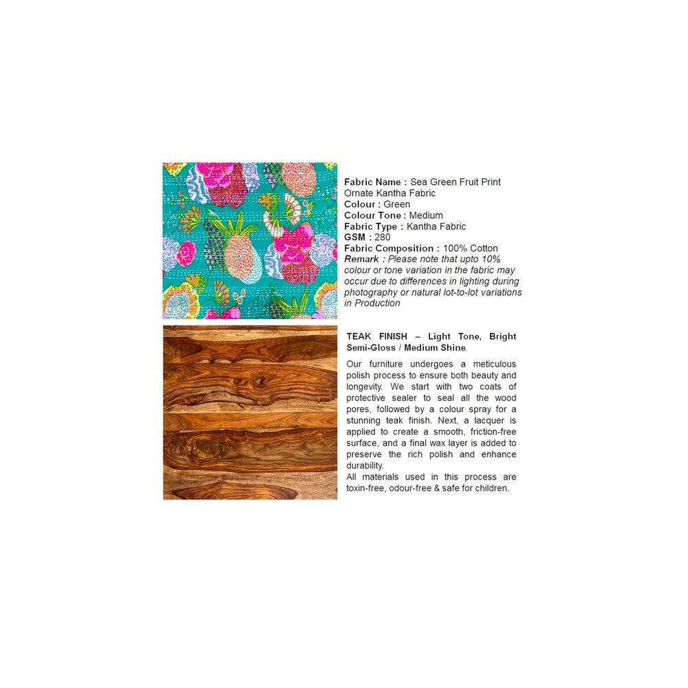 Queens Solid Wood Pouf Stool in Sea Green Fruit Print fabric
