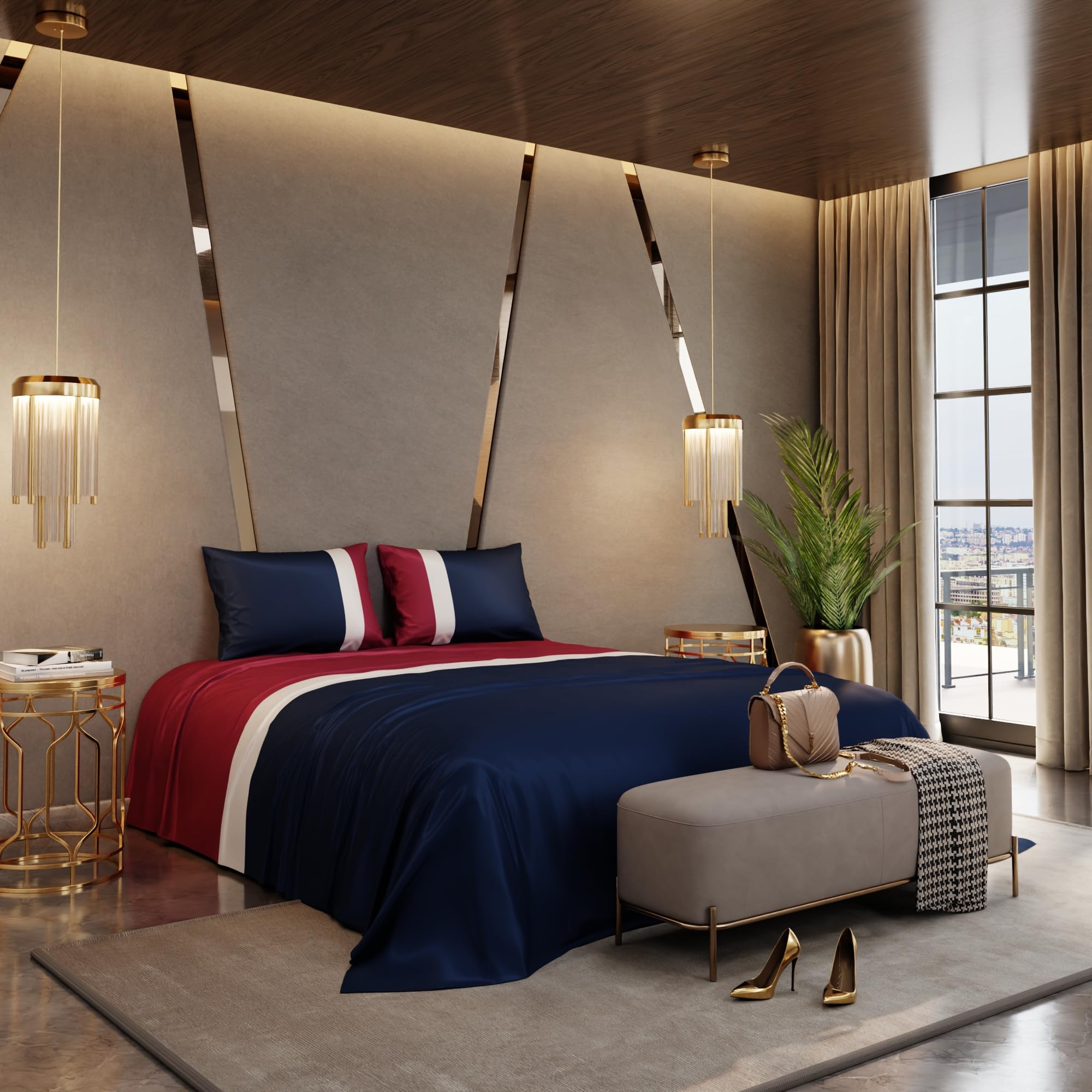 Stoa Paris 300TC UltrSatin Super King Bedsheet with 2 Pillow Covers Satin Super Navy, Red White