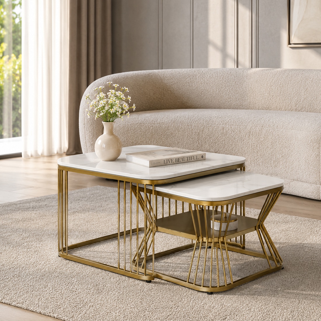 Metalhome Square Metal Nesting Coffee Table Set Gold Finish White Porcelain Top Set Of 2 - Bhavya Exports