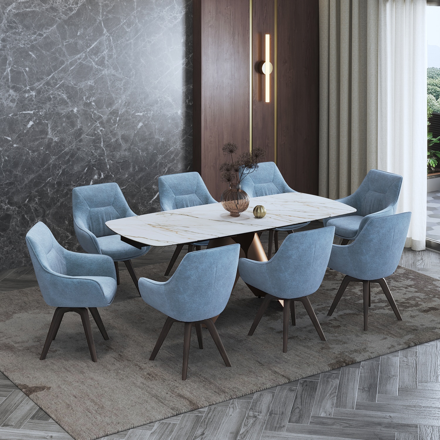 Aeris Ceramic 6 to 8 Seater Extendable Dining Table With Set of 3  Selene Dining Chair