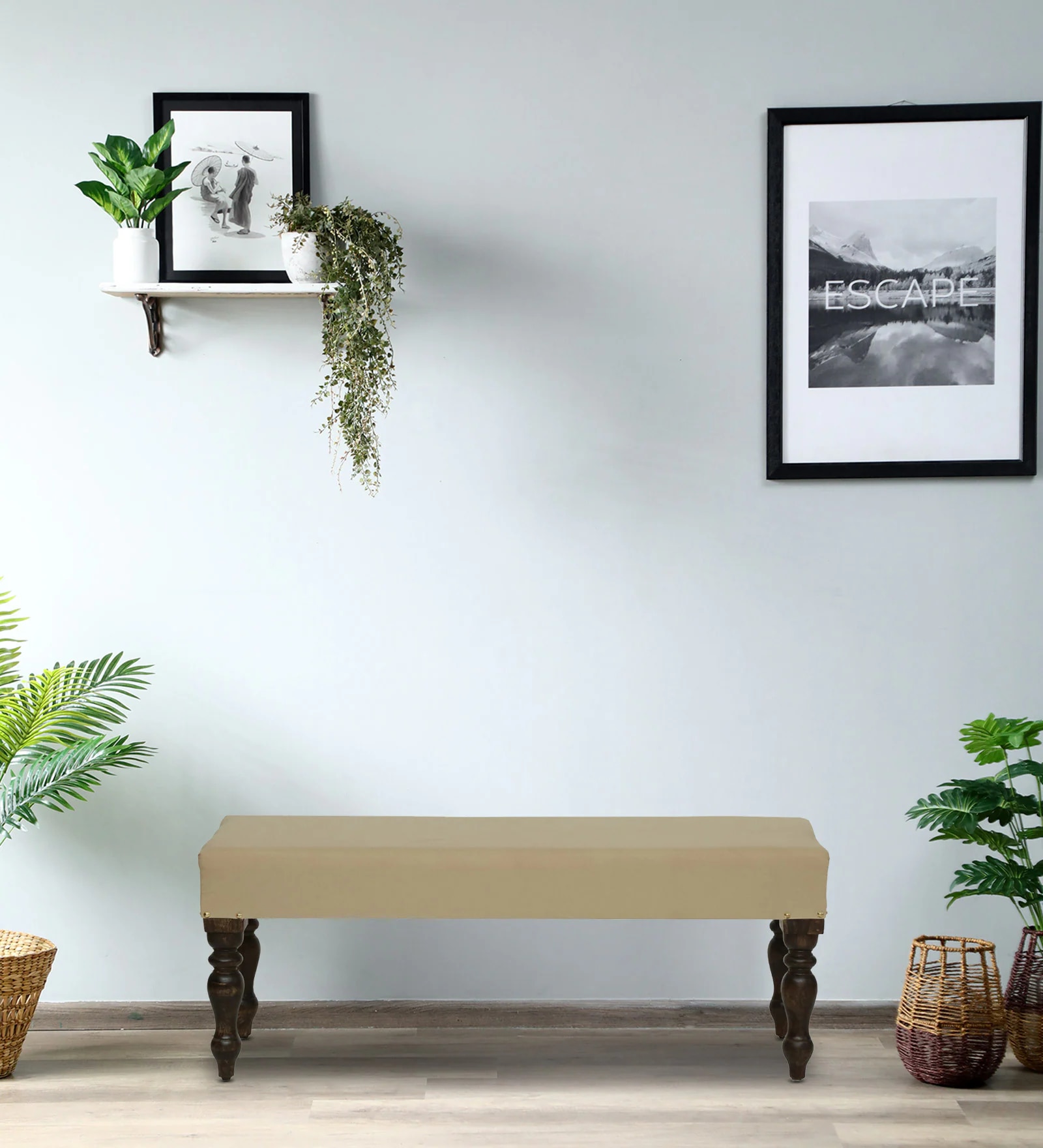 Aarna Sheesham Wood Upholstered Bench In Walnut Finish