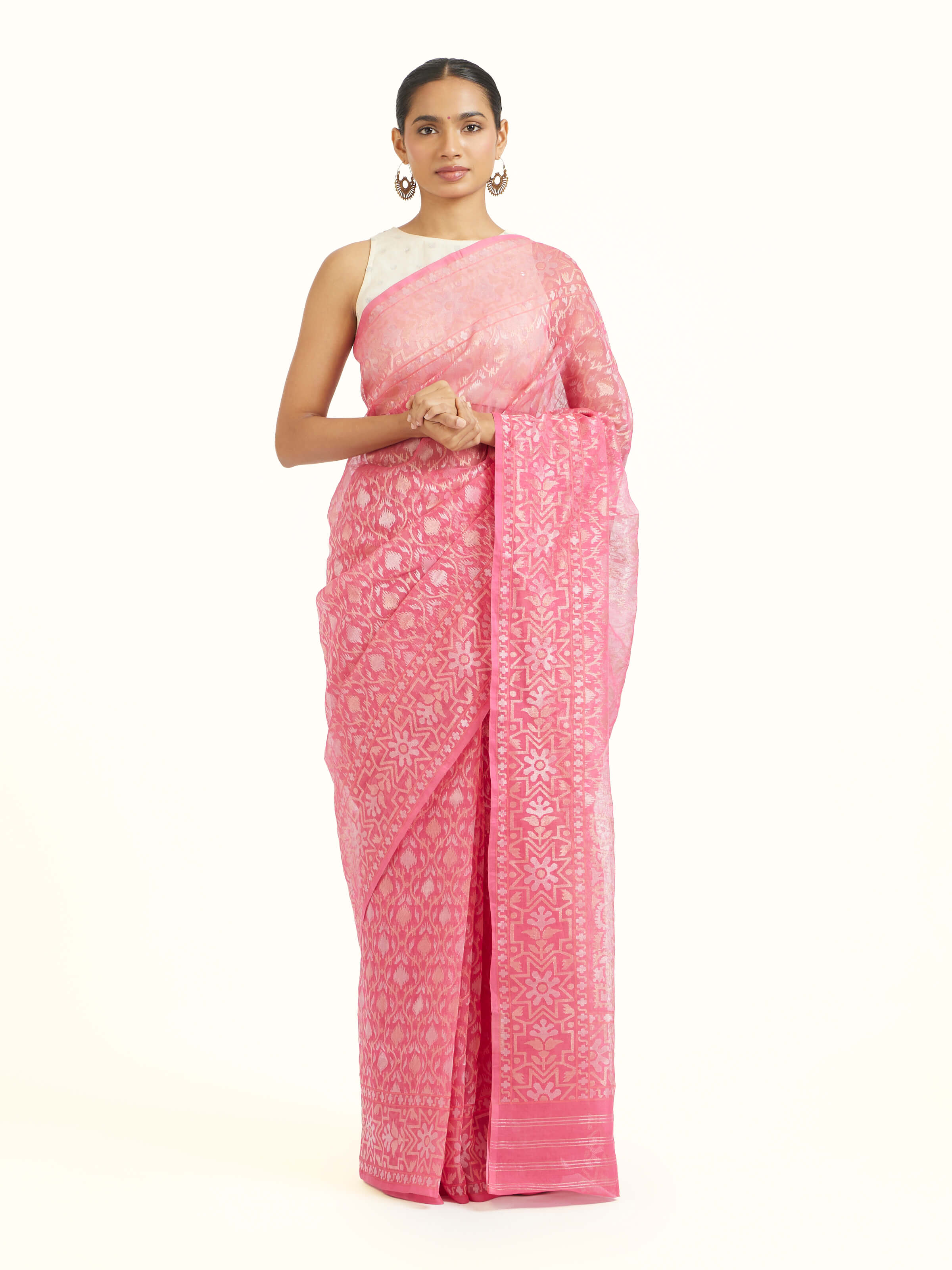 Orange Cotton Awadh Jamdani Banarasi Saree