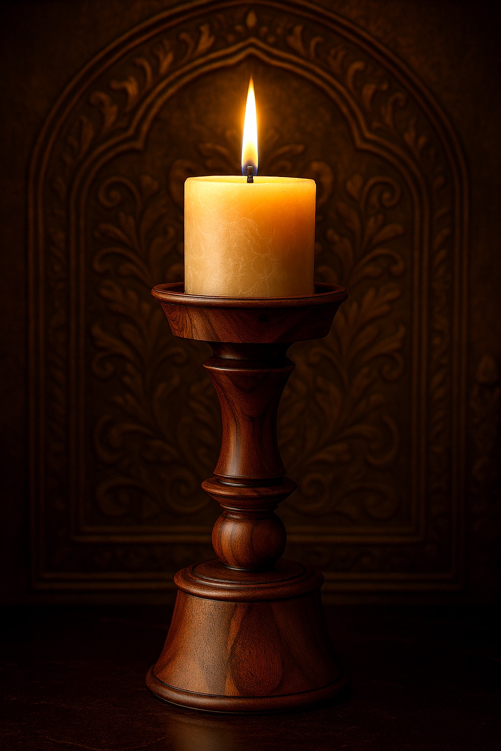 Lifestyle view of Sheesham wood candle holder handcrafted wooden decor