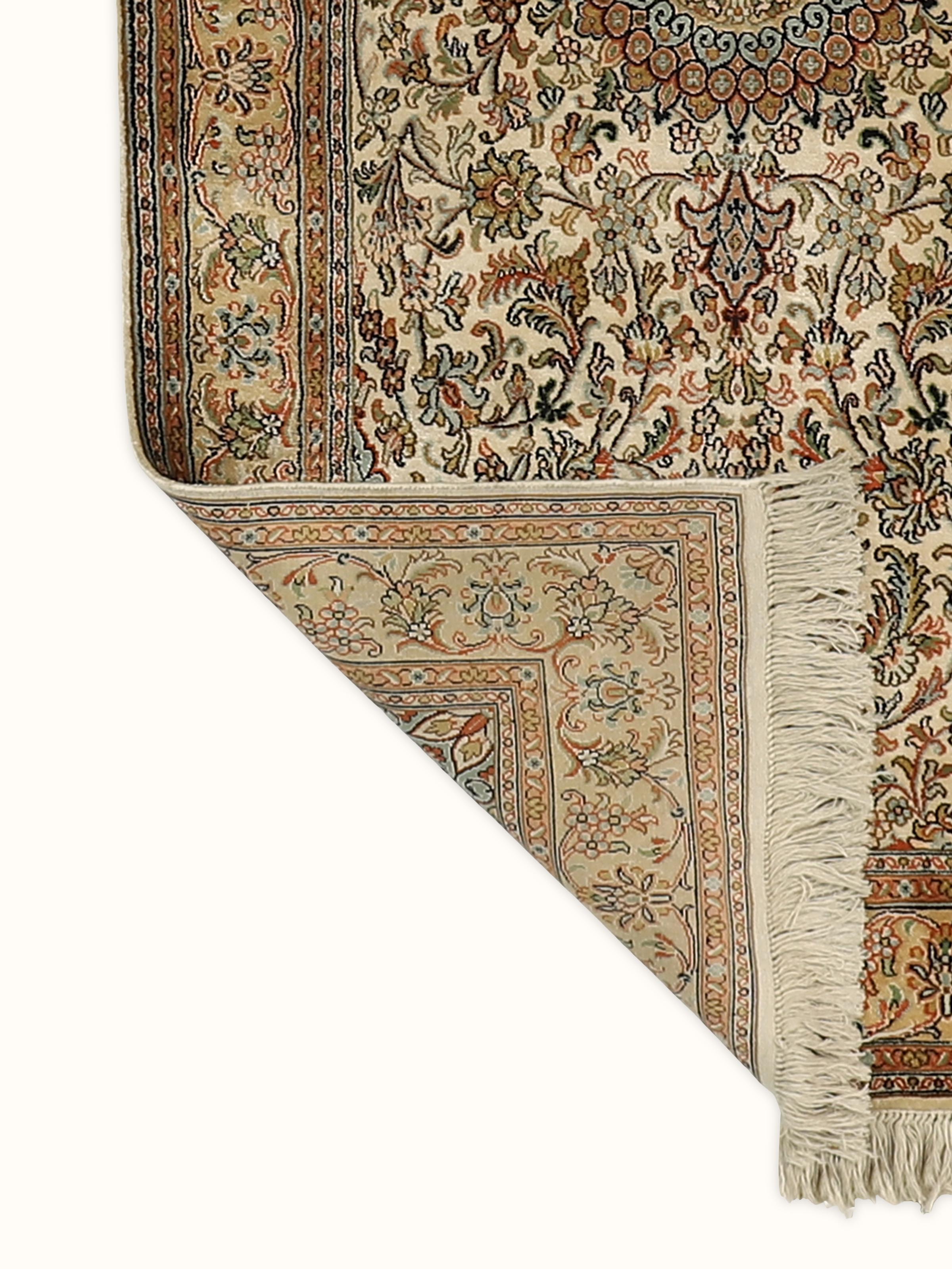 Traditional Persian Ivory Kashan Kashmir Silk Hand-knotted Runner