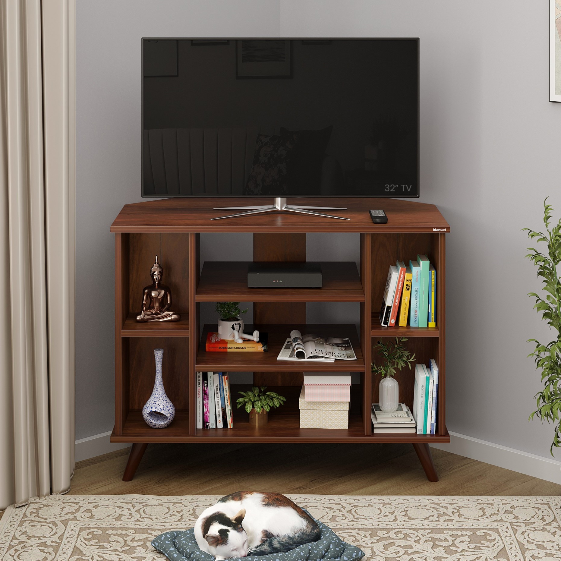 BLUEWUD Gautier Engineering Wood Floor Standing TV Entertainment Unit Set Top Box Stand/TV Cabinet Panel with Shelves for Books & D�cor Display Unit Bed Living Room Upto 42" (Brown Maple)