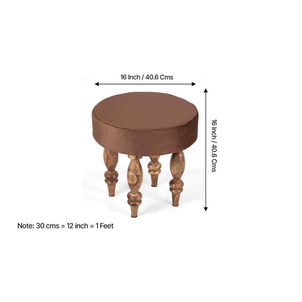 Roswell Sheesham Wood   Round Set of 2 Stools in Taupe Brown Velvet Upholstery