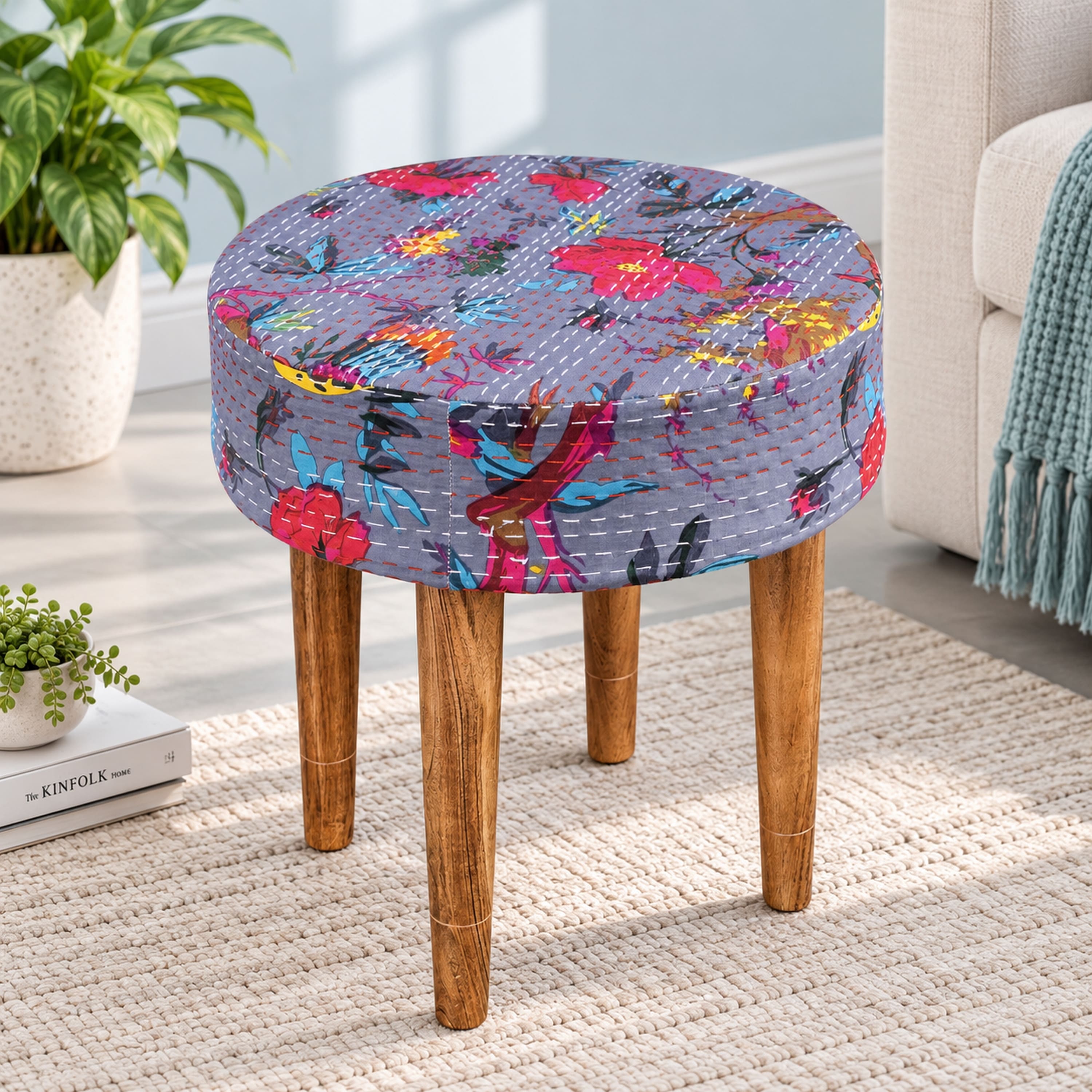 Nayla Sheesham Wood Mid-Century Round Stool in Grey Bird Print Kantha Upholstery