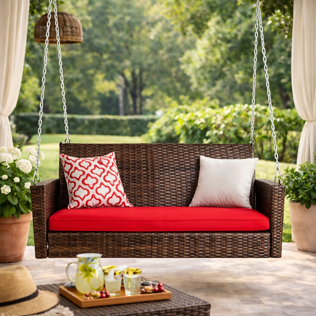 Carry Bird Wicker Patio Furniture Outdoor Balcony Swings In Brown And Red Colour