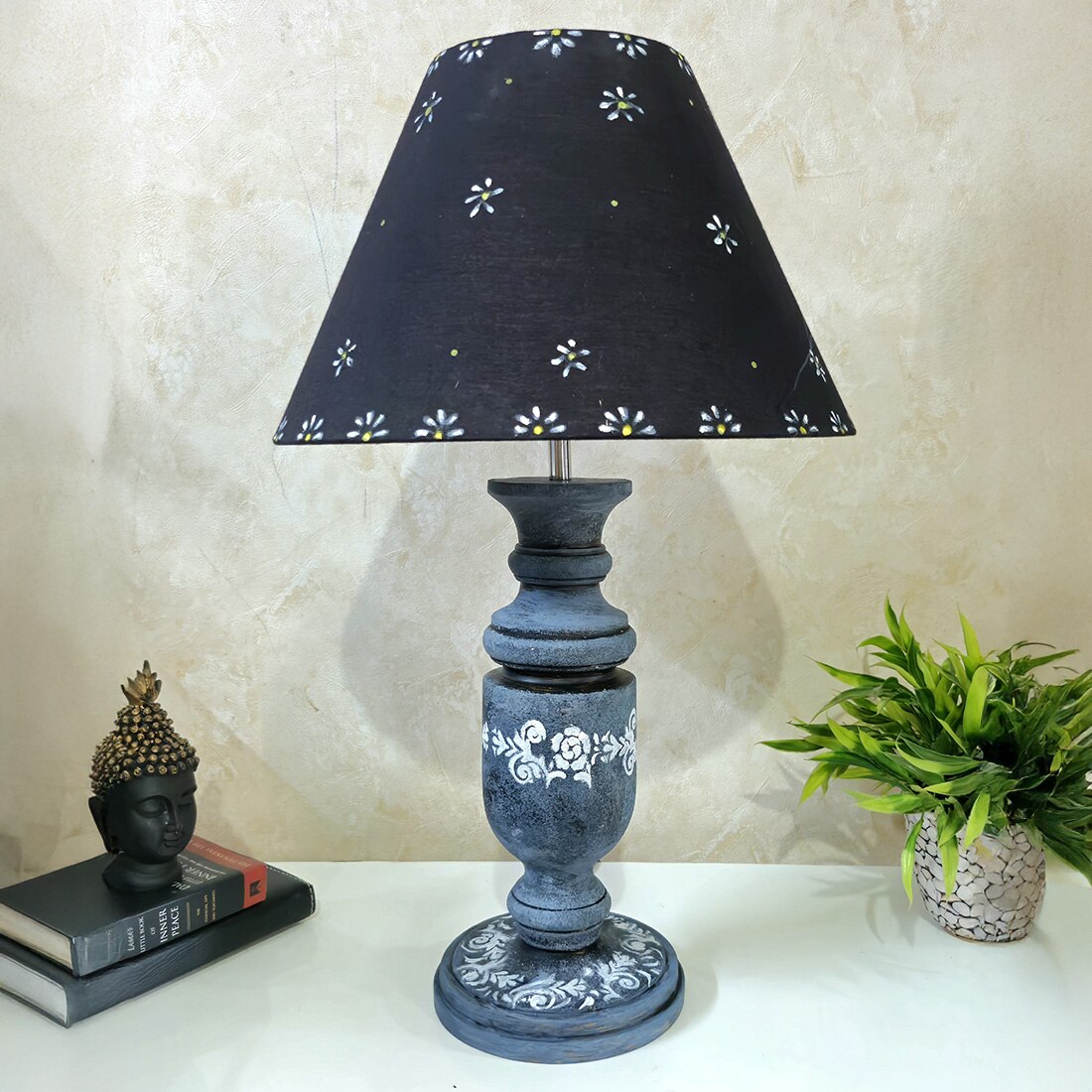 Pillar Dotted Stone Grey Black Wooden Table Lamp in Grey