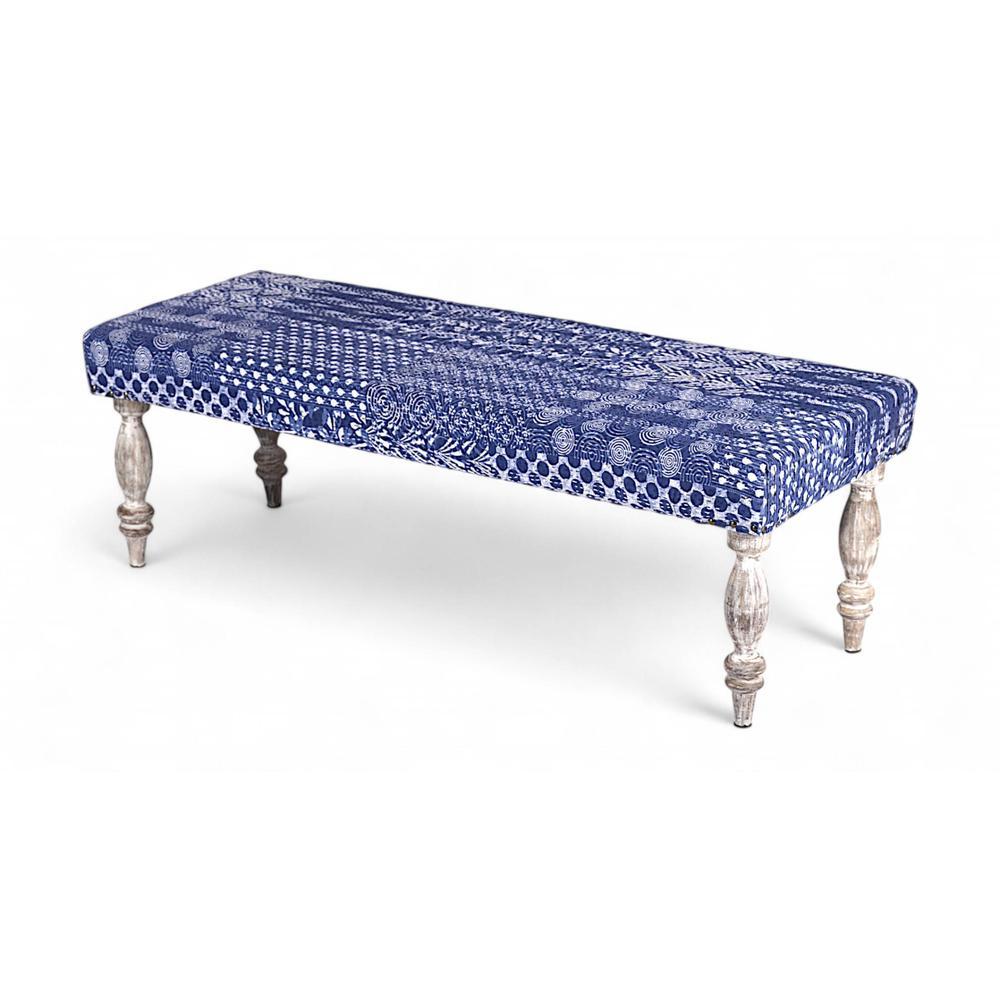 Cairo Solid Wood 2 Seater Bench In Indigo Patch Kantha Fabric