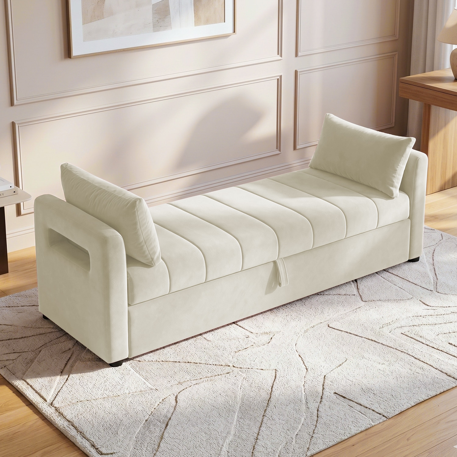 Jedlo Velvet 2 Seater Ottoman Bench with Storage  in Cream  Color - Home Lifestylez