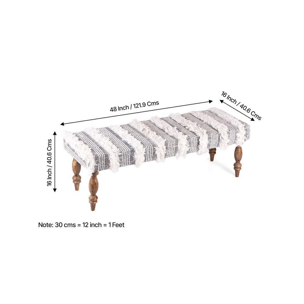 Cairo Sheesham Wood Accent Seater Bench Set With 2 Stools In Grey Fabric