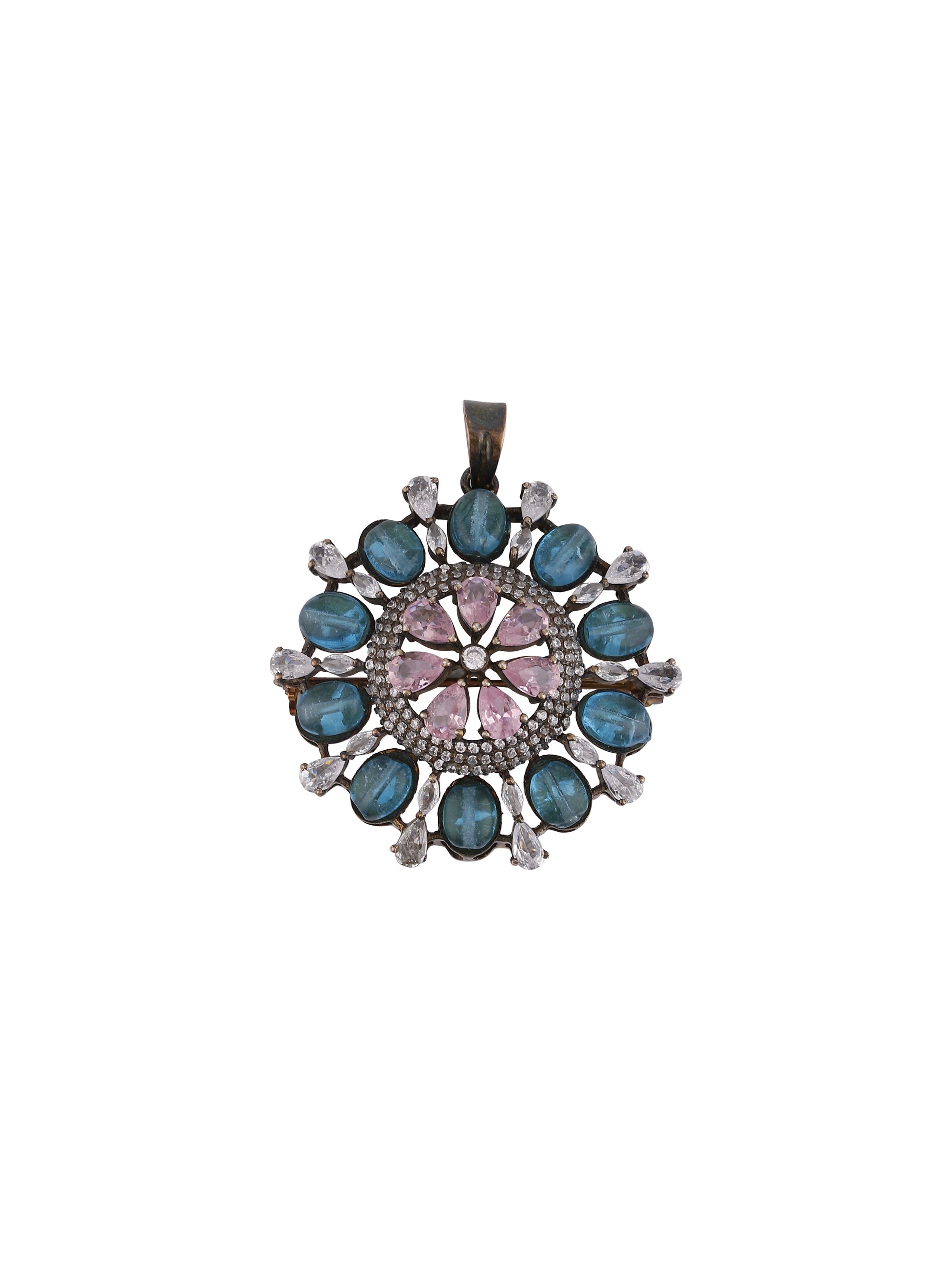 front view of silver smithing yellow gold brooch pin with intricate design