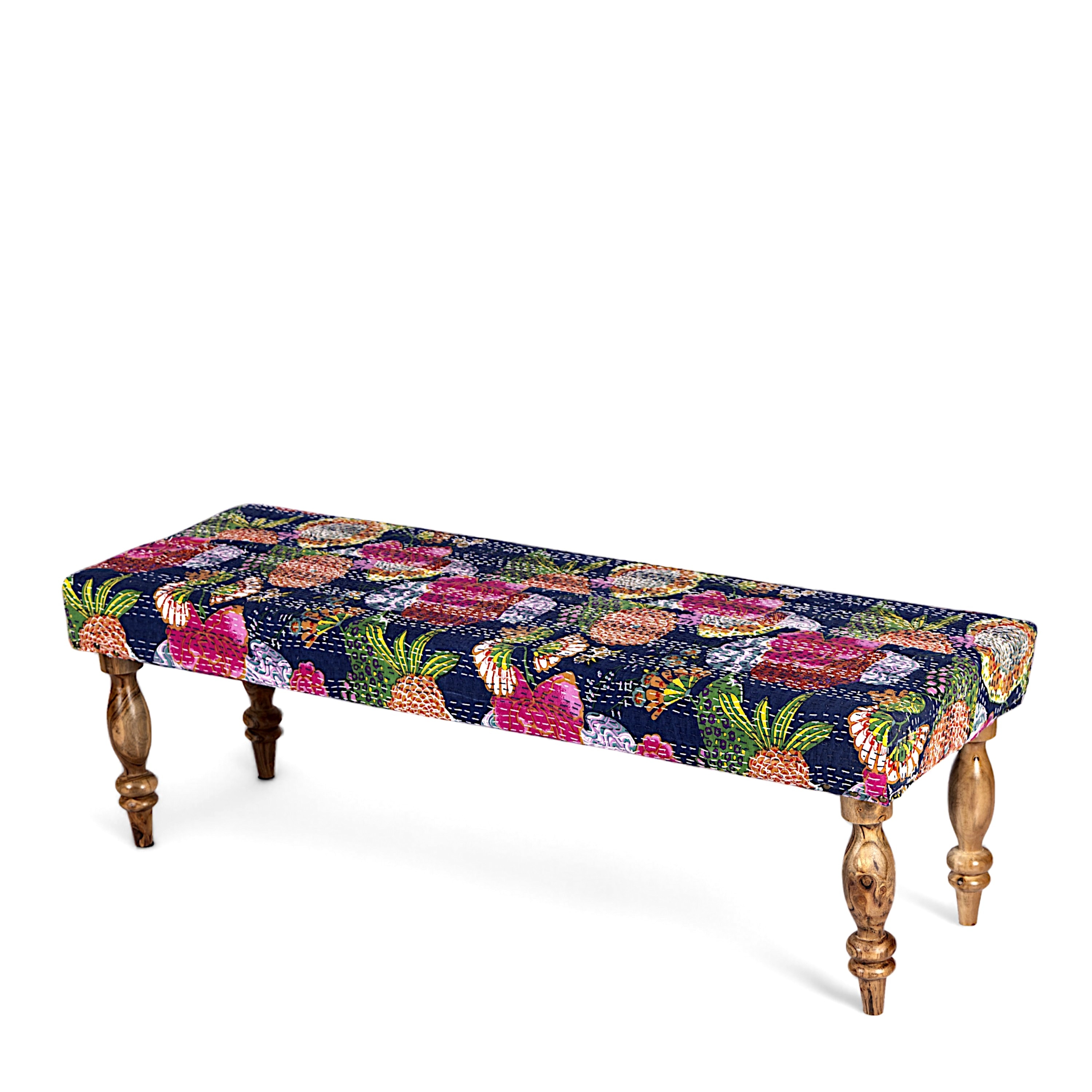 Cairo Sheesham Wood Mid Century 3 Seater Bench In Fruit Print Blue Kantha