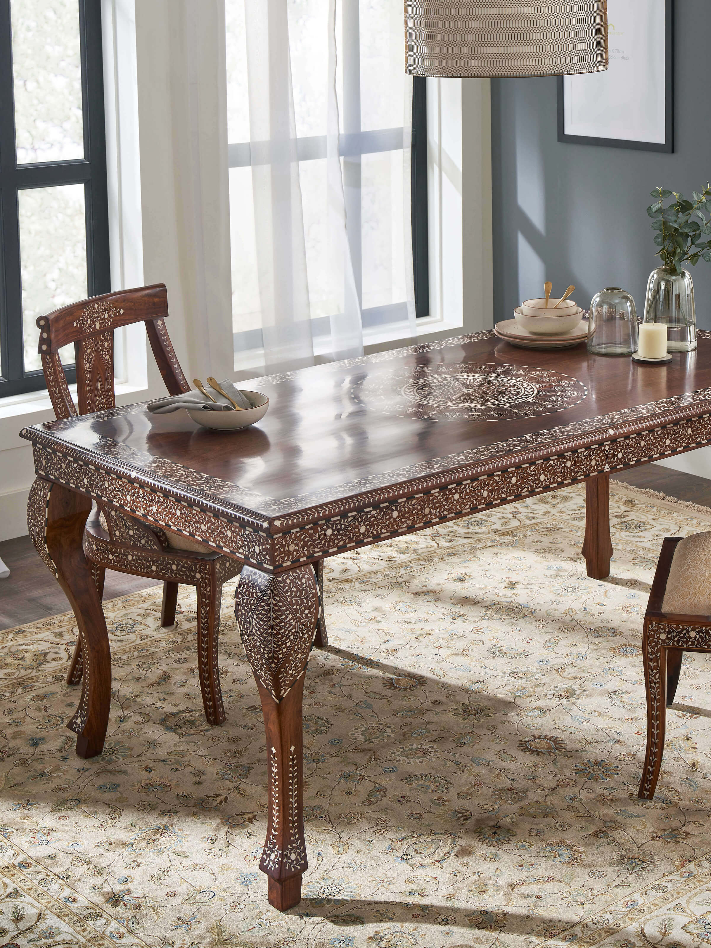 Sheesham Wood Bone Inlay 6-seater Dining Table featuring a premium wood finish with elegant bone inlay detailing.
