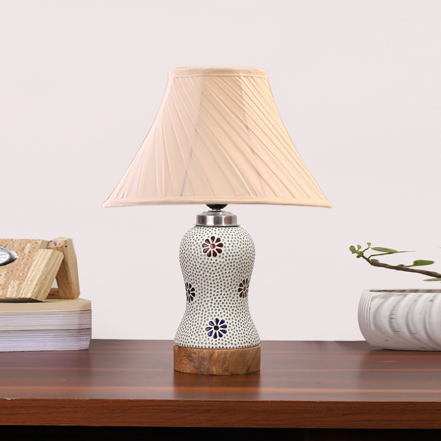 Devansh Off-White Cotton Shade Cross Pleated Lamp With Wood & Mosaic Glass Base For Decoration/Office/Home/Gifting/Study For Decoration/Office/Home/Gifting/Study - Devansh