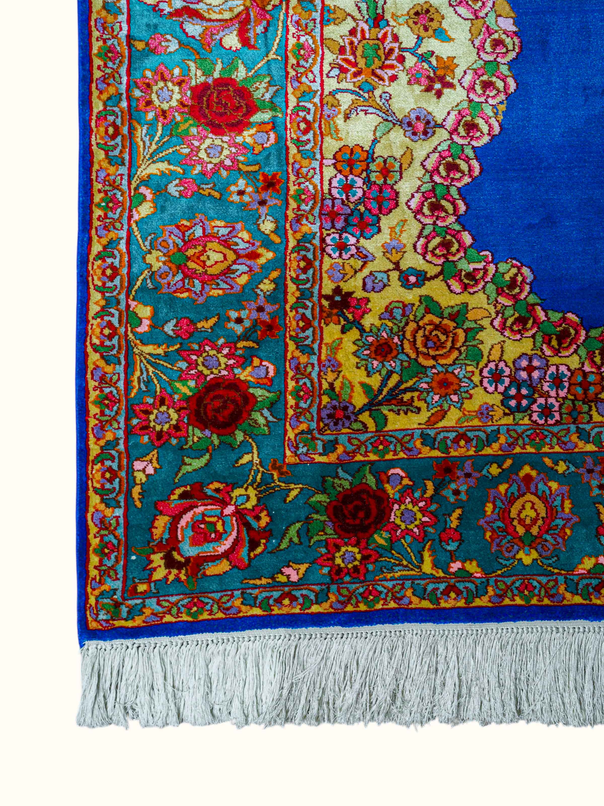 Traditional Persian Blue Guldani Kashmir Silk Hand-Knotted Carpet