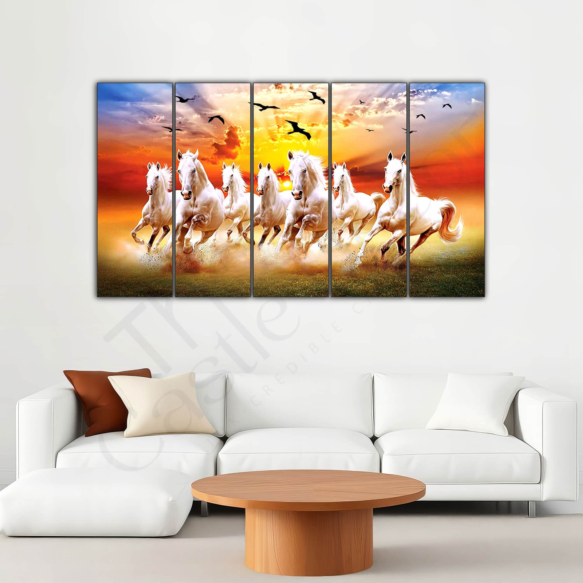 The Castle Decor 7 Running Horses Vastu Wall Art Framed Painting 27x48 Inch (Style 4) - The Castle Decor