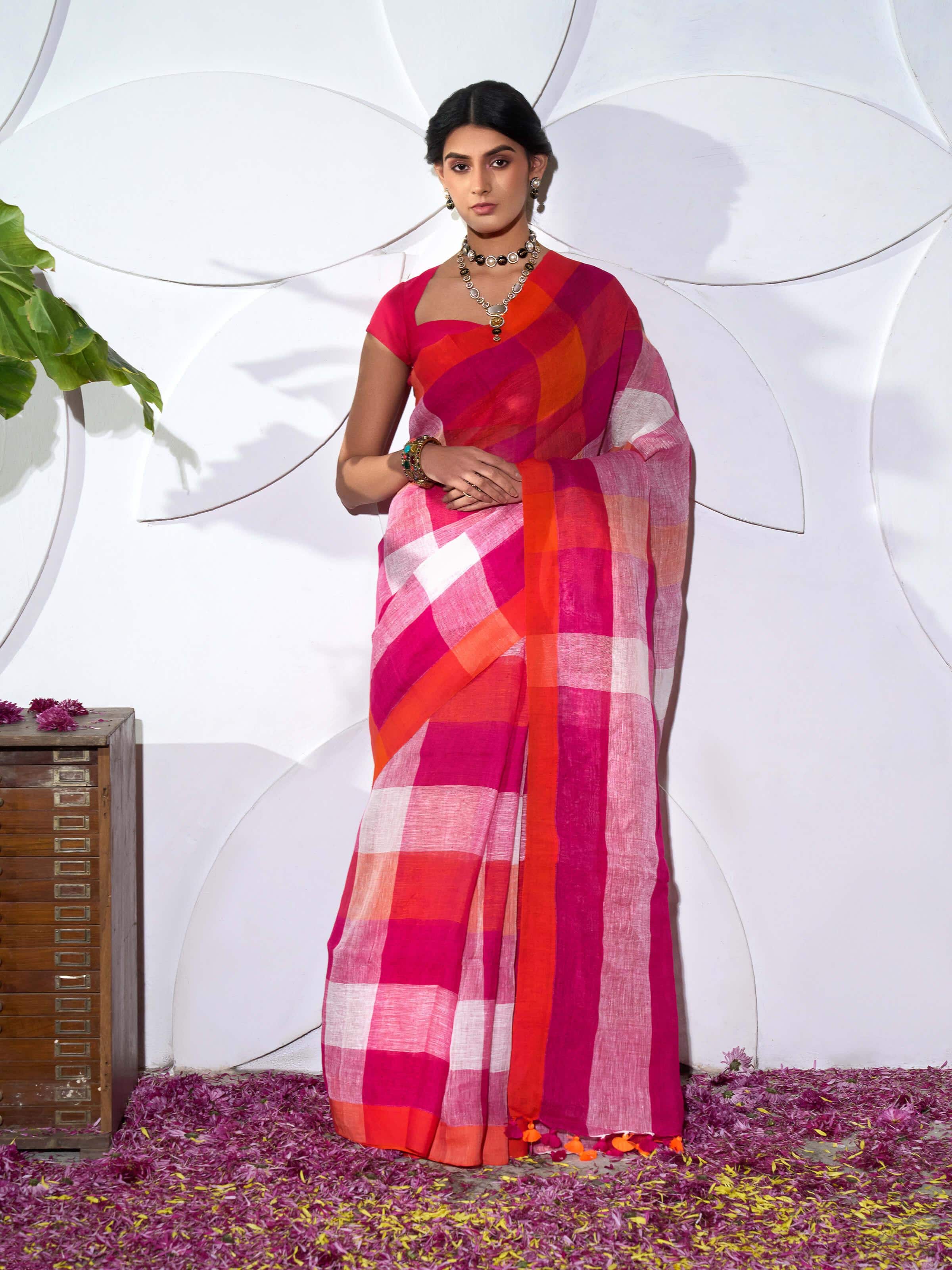 Pink Linen Saree
