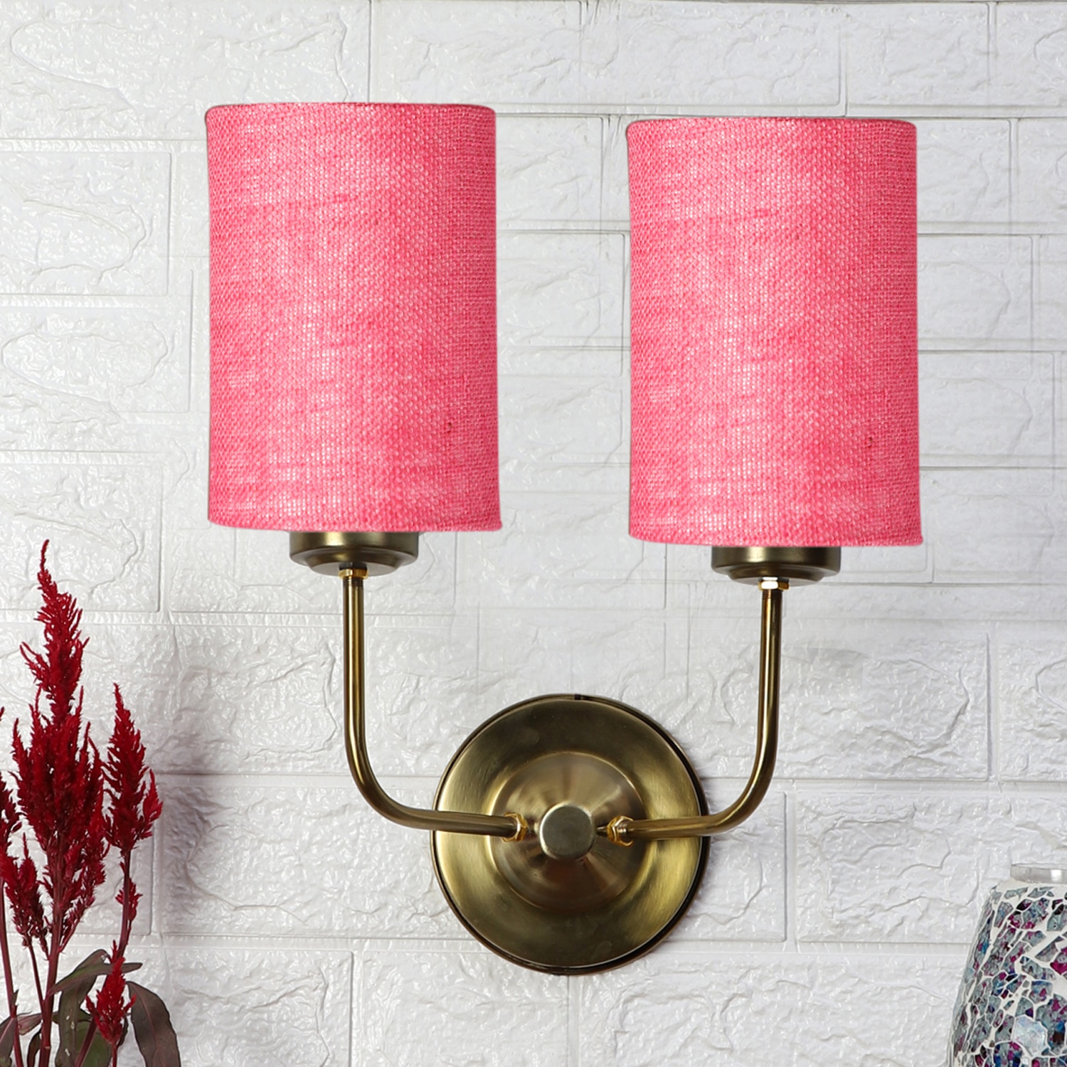 Devansh Metal Electric Wall Light in Gold Colour with Pink Shade Count of 2 Lights - Devansh