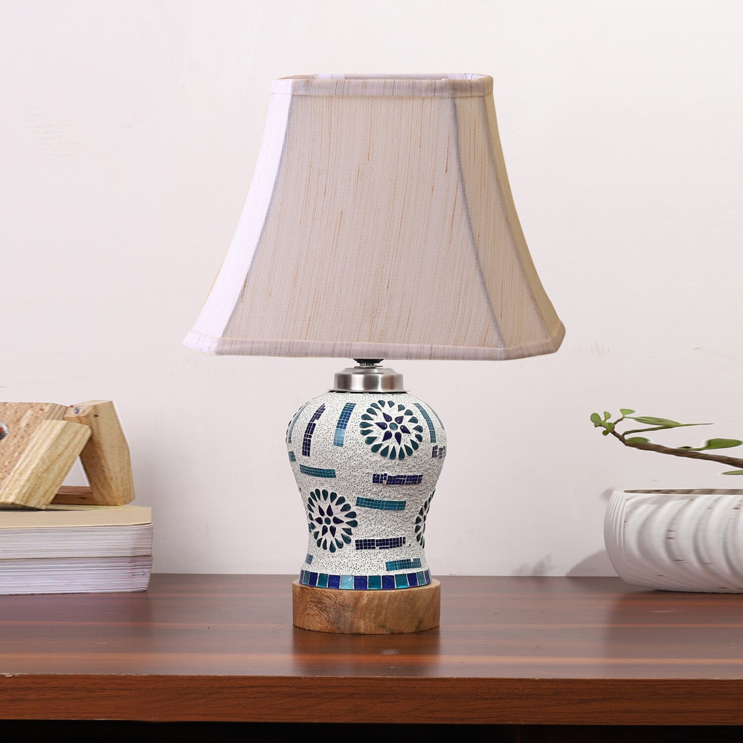 Devansh Off-White Cotton Rectangular Shade Lamp With Wood & Mosaic Glass Base For Decoration/Office/Home/Gifting/Study For Decoration/Office/Home/Gifting/Study