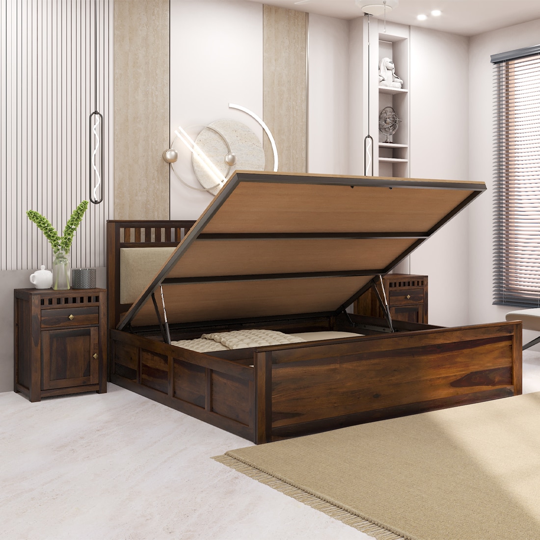 Vrinda Solid Wood King Size Bed In Hydraulic Storage Bed In Provincial Teak Finish