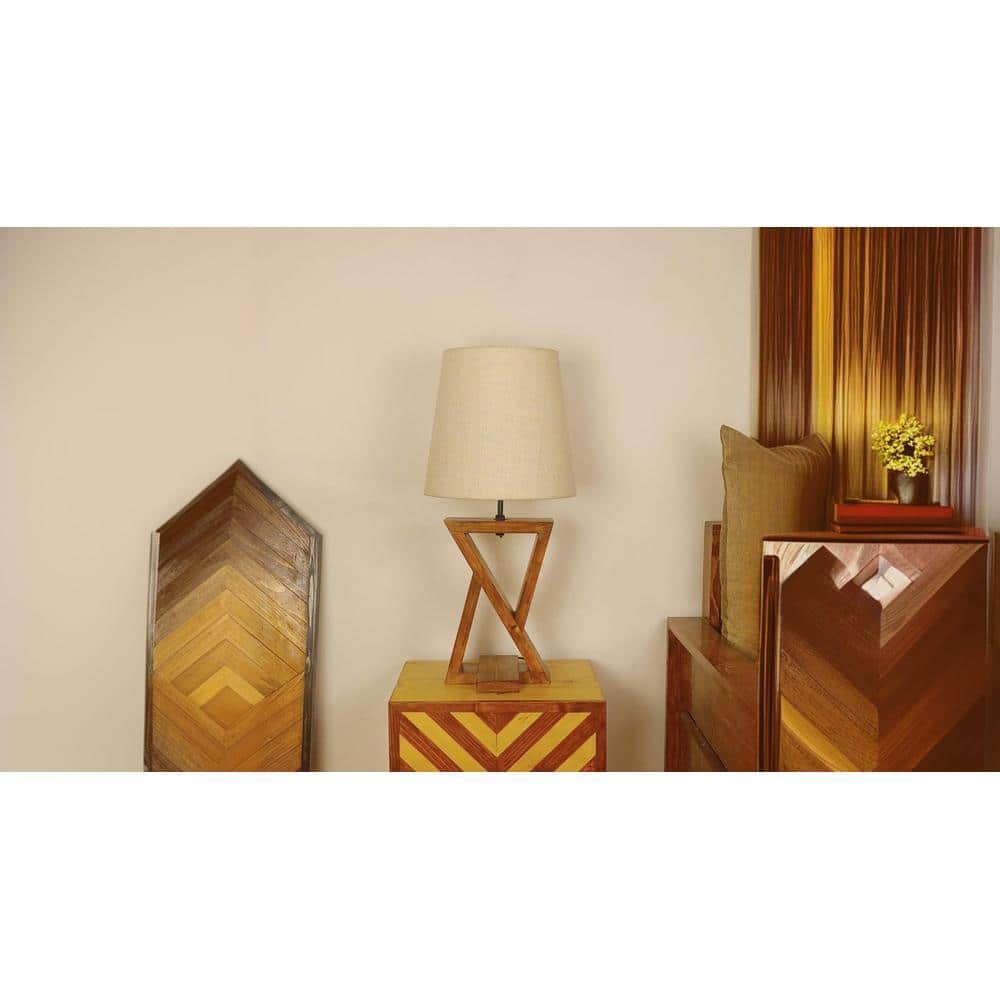 Chloe Brown Wooden Table Lamp with White Jute Lampshade