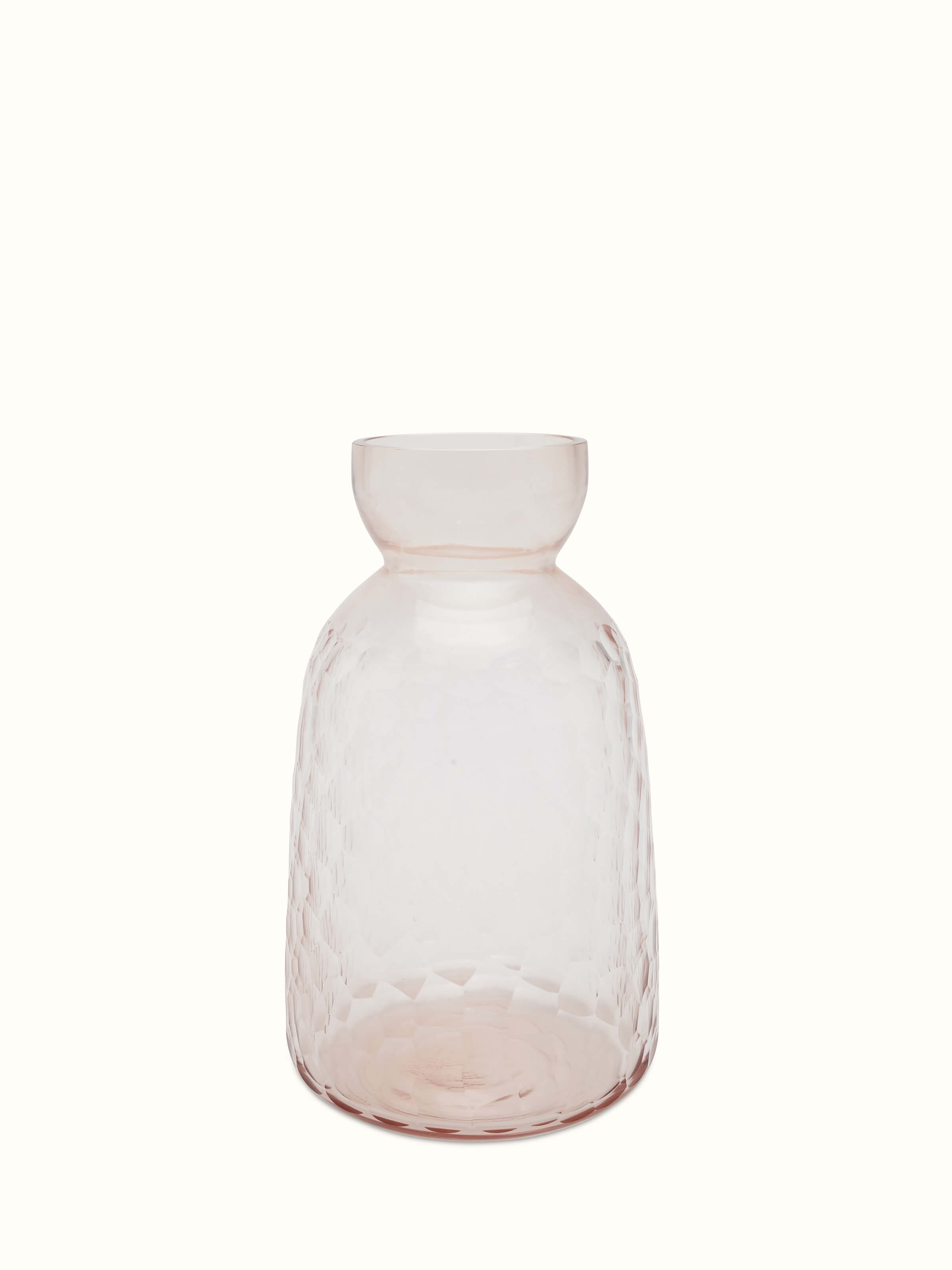 Front view of glass table vase in peach color, showcasing the elegant shape and color.