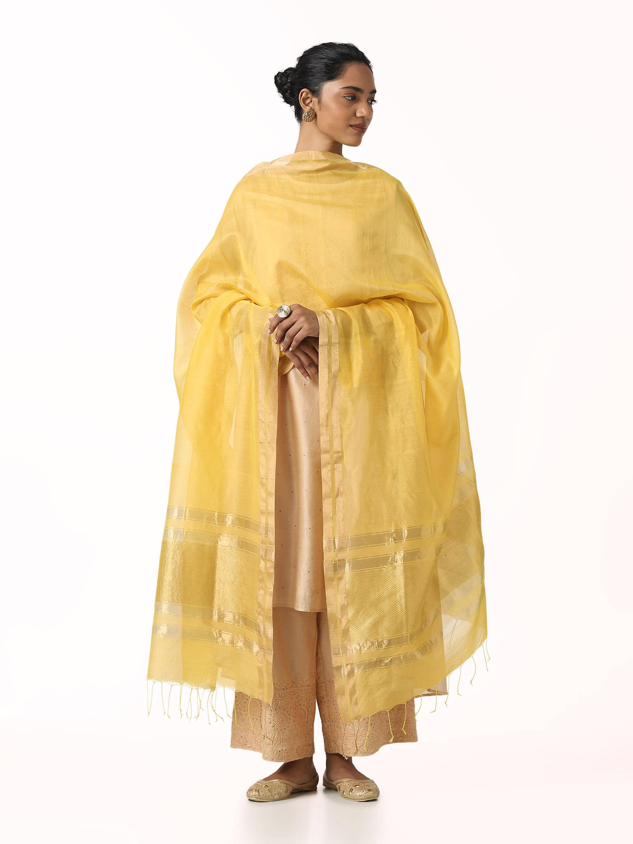Yellow cotton silk Chanderi dupatta with zari border - front view