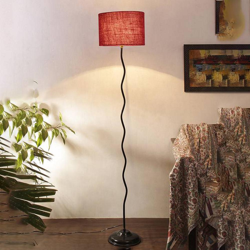 Frankie Zig Zag Iron Floor lamp with Jute Drum Maroon Shade (Z26) - Devansh
