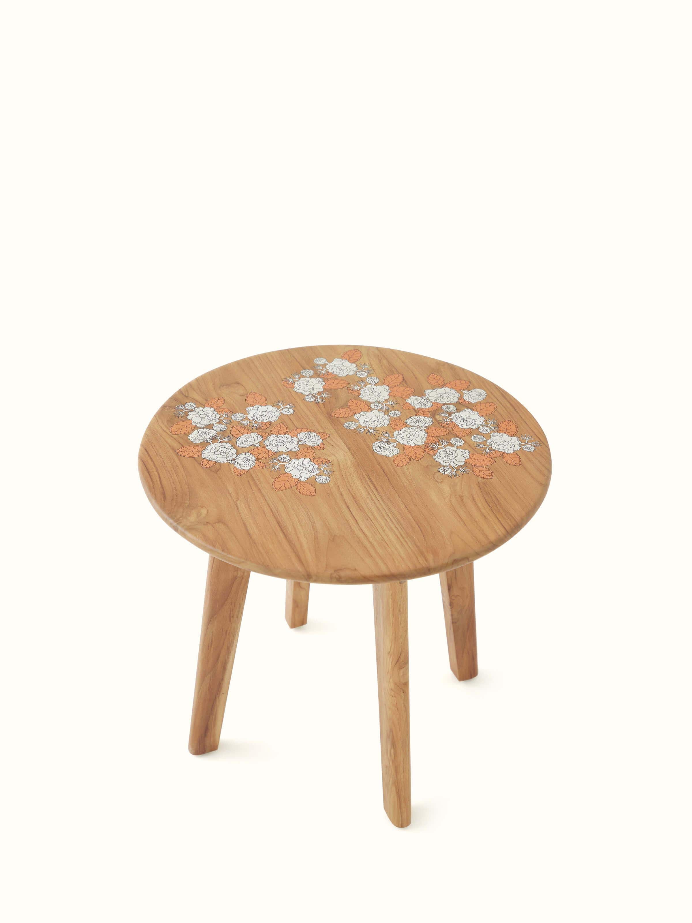 Angled view of Teak Wood Pattachitra Round Side Table showing the artwork and design