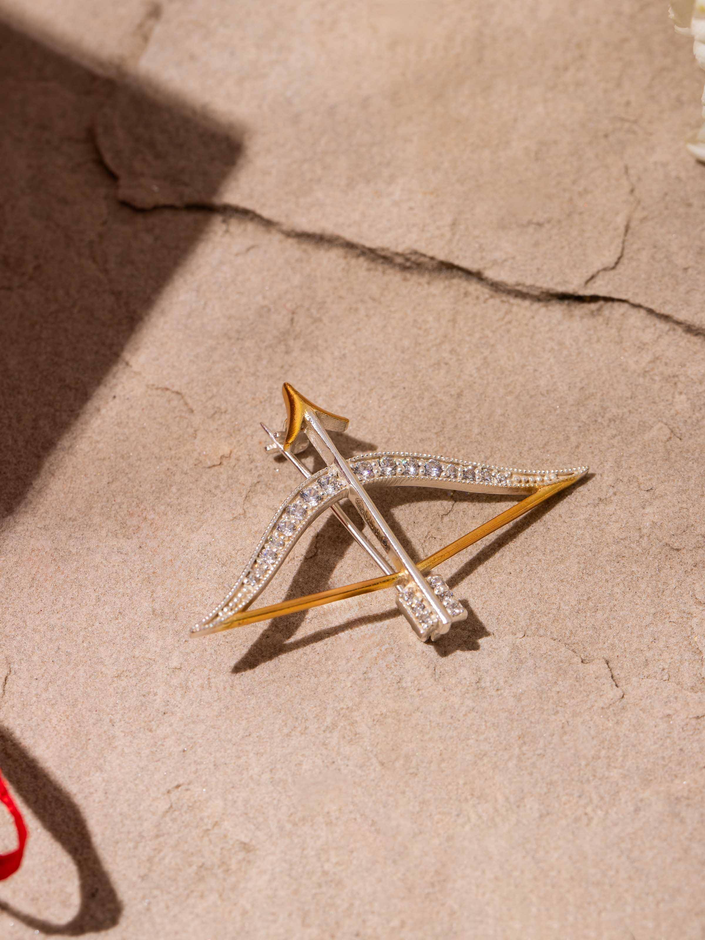 Second lifestyle view of brooch styled on jacket to reflect artisanal character