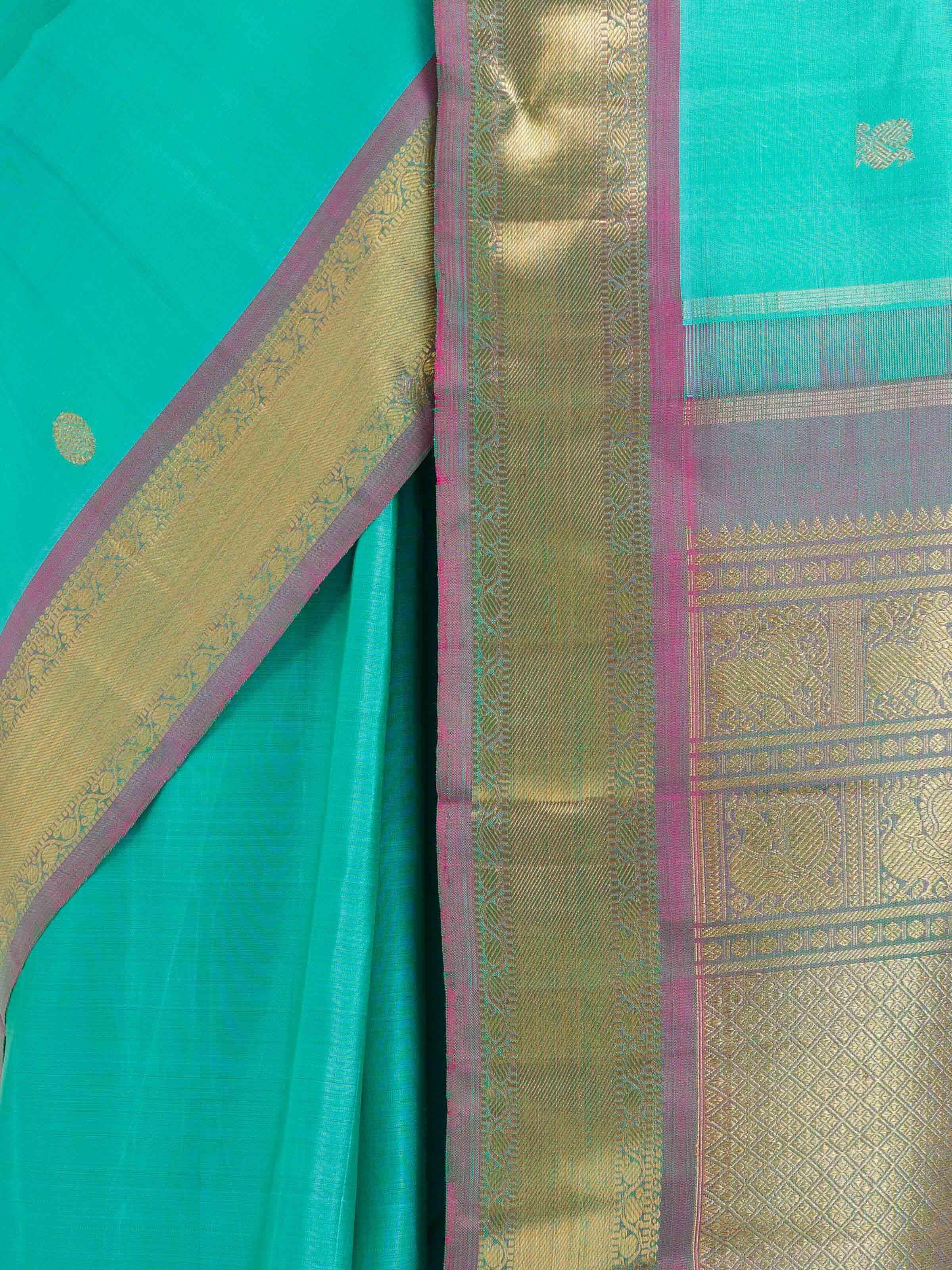 Detail view of blue silk Kancheepuram saree showing silk texture and zari craftsmanship