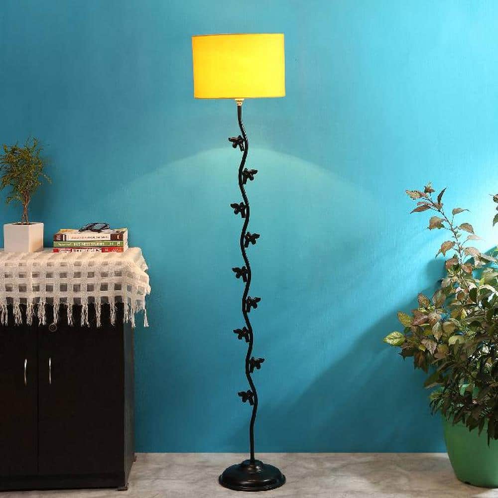 Finn Yellow Fabric Floor Lamp with Black Iron Base - Devansh