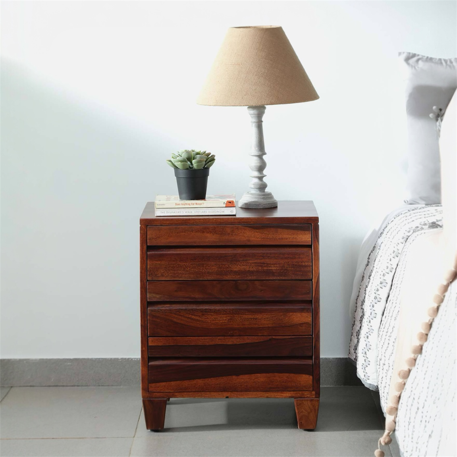 Rehan 3 Drawer Bed Side in Honey Finish - Interior Valley