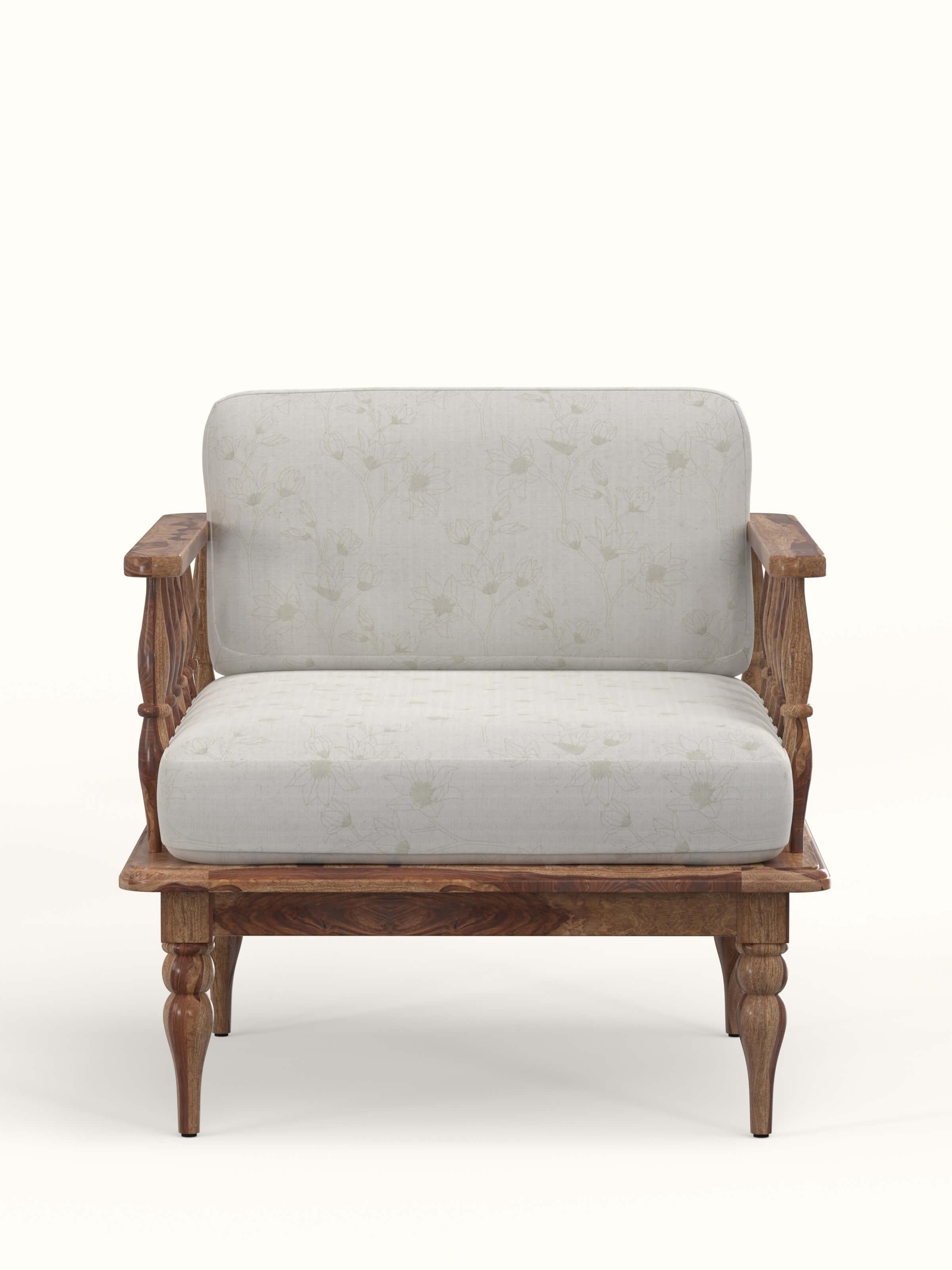 Front view of the natural finish upholstered Sheesham wood 1-seater sofa, featuring a sleek design and comfortable cushioning