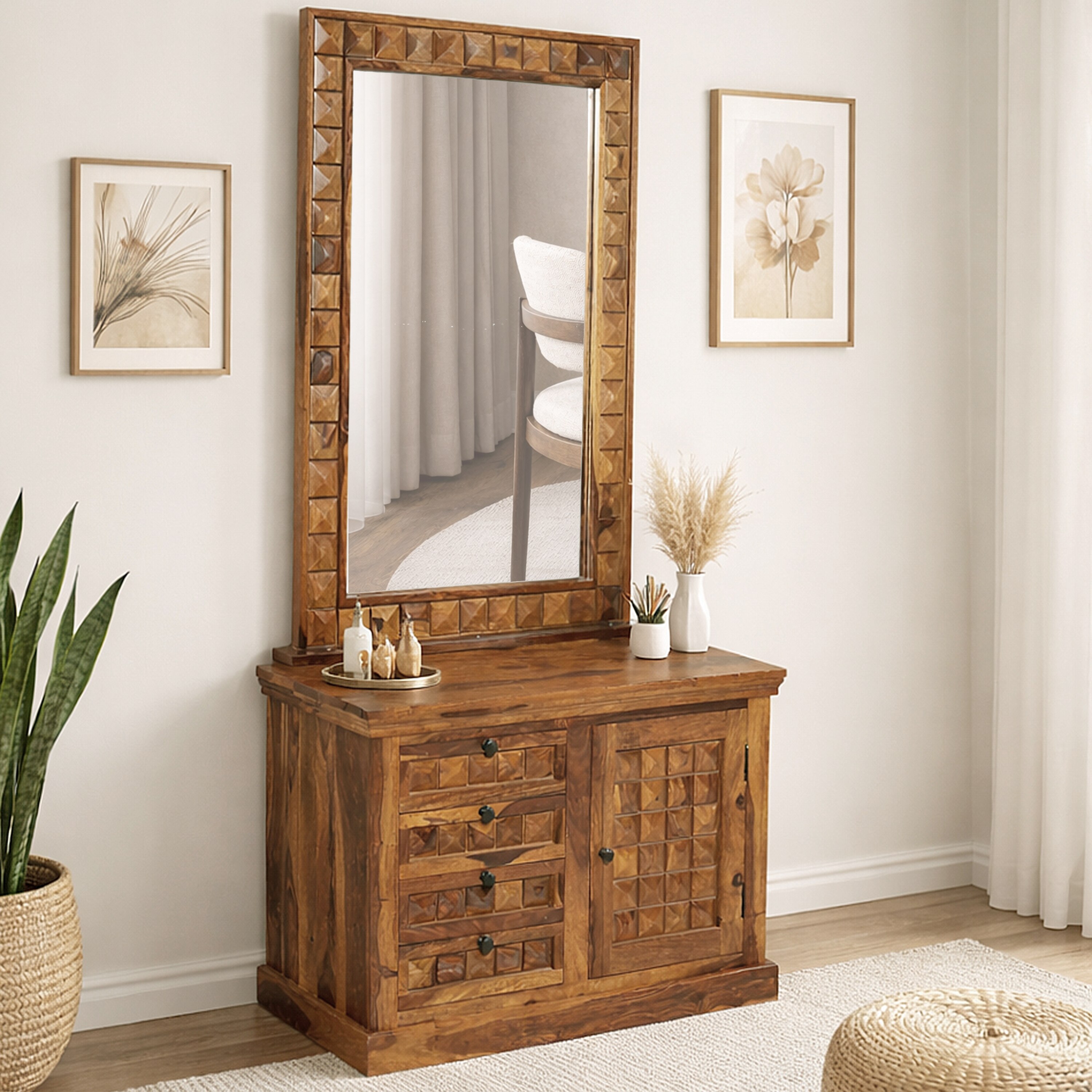 Burn Sheesham Wood  Dressing  In Provincial Teak Finish - Woodenmood