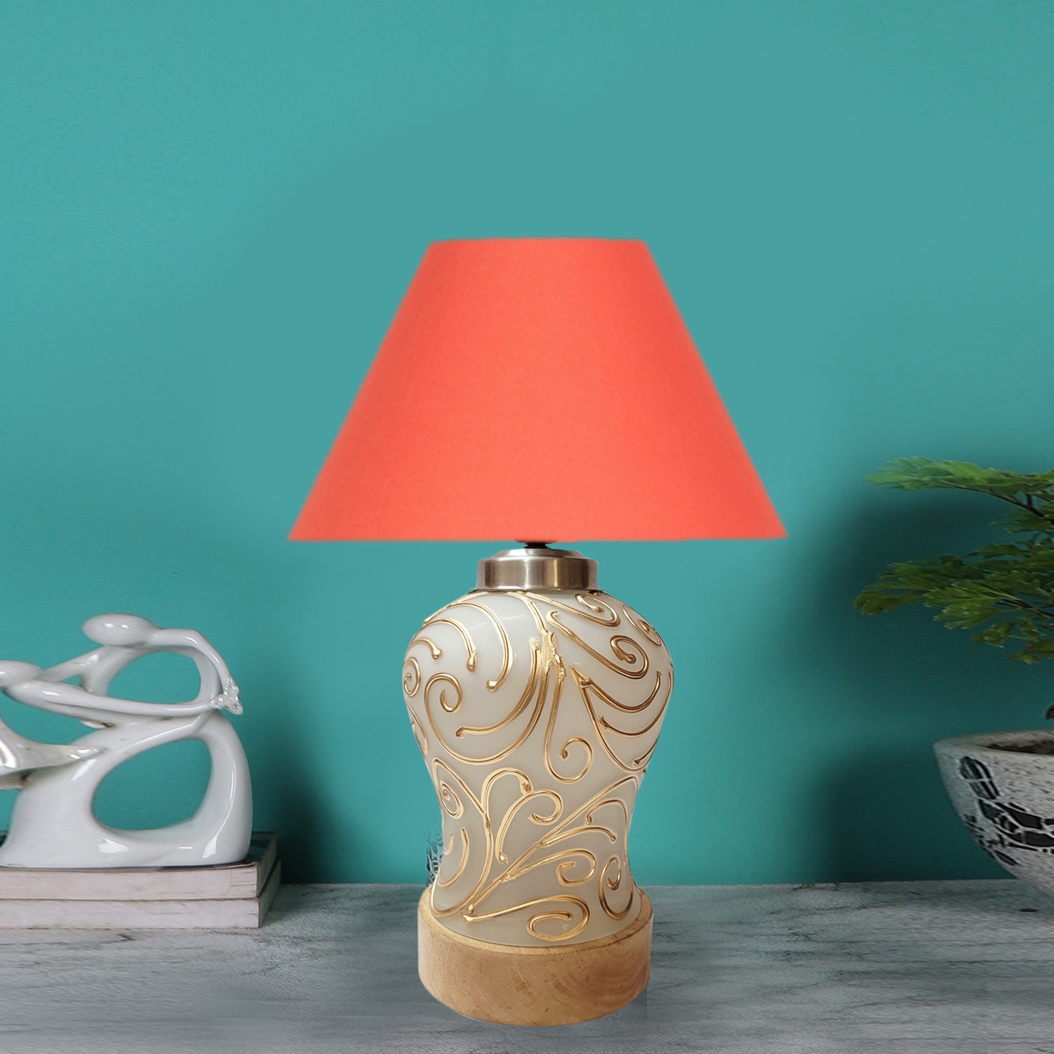 Devansh Conical  Orange Cotton Shade  Lamp With  Wood & Mosaic Glass Base For Decoration /Office/Home/Gifting/Study For Decoration /Office/Home/Gifting/Study -(10X10X14.5) Inches -