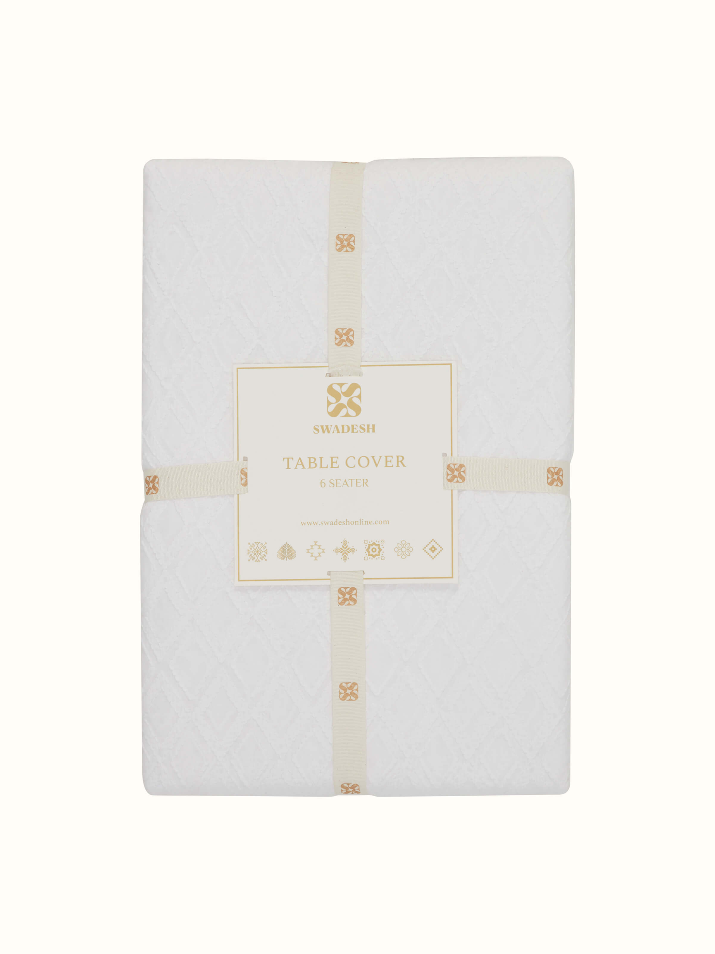 Close-up detail of Ananda White Cotton Table Cover highlighting intricate Chikankari hand embroidery and geometric pattern