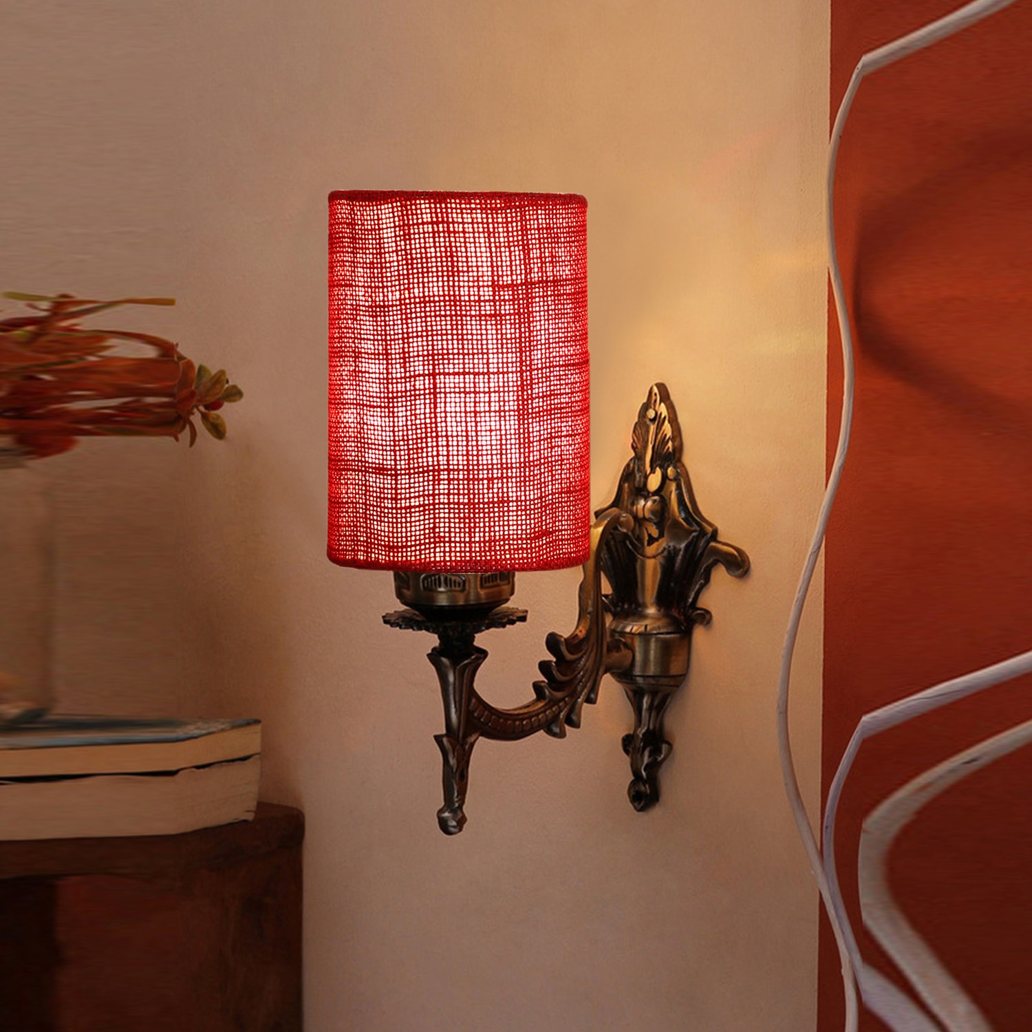 Devansh Metal Electric Wall Light in Antique Gold Colour with Maroon Shade Count of 1 Light - Devansh