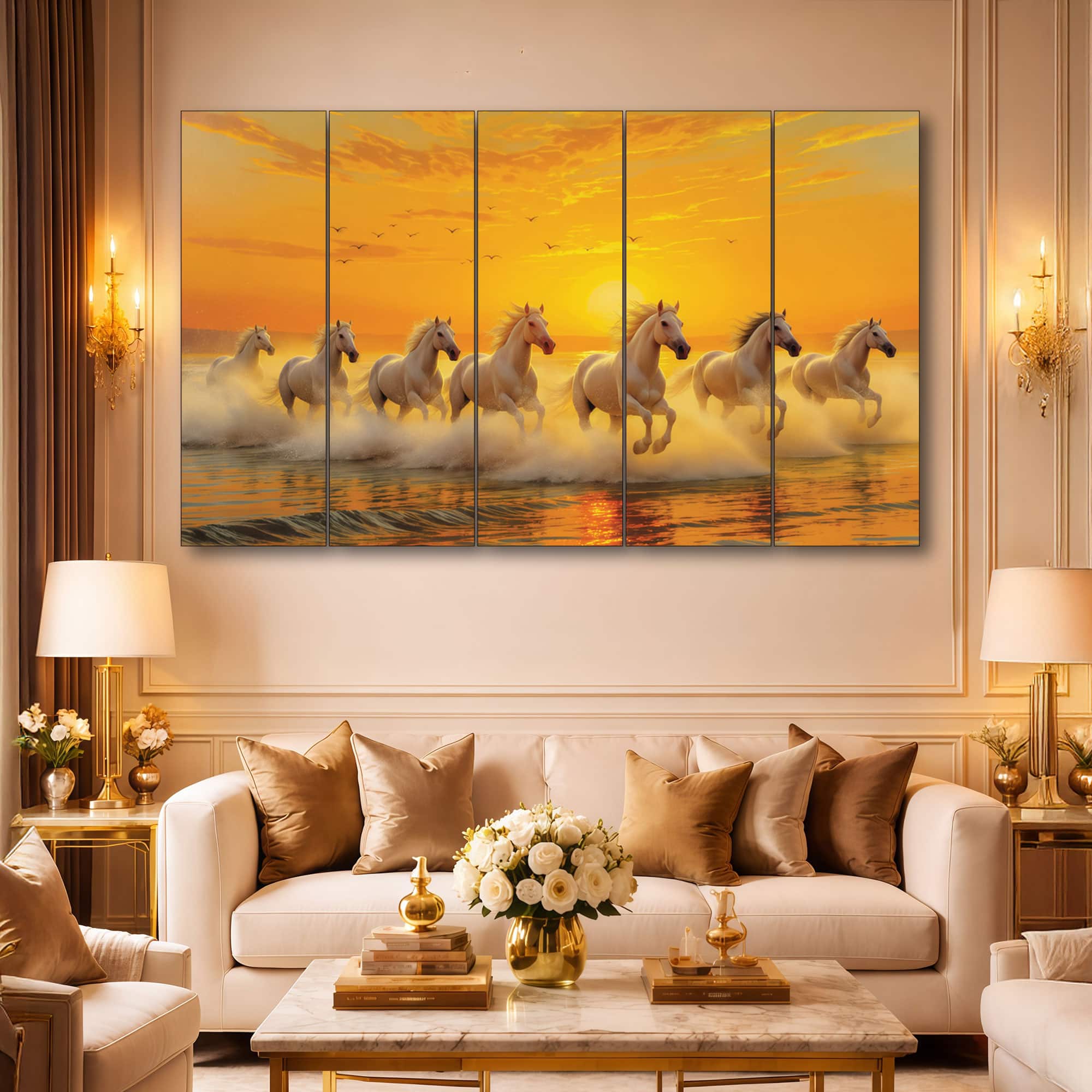 The Castle Decor Running Horses Vastu Wall Painting Design 7 Wooden Framed 27x48 Inch - The Castle Decor