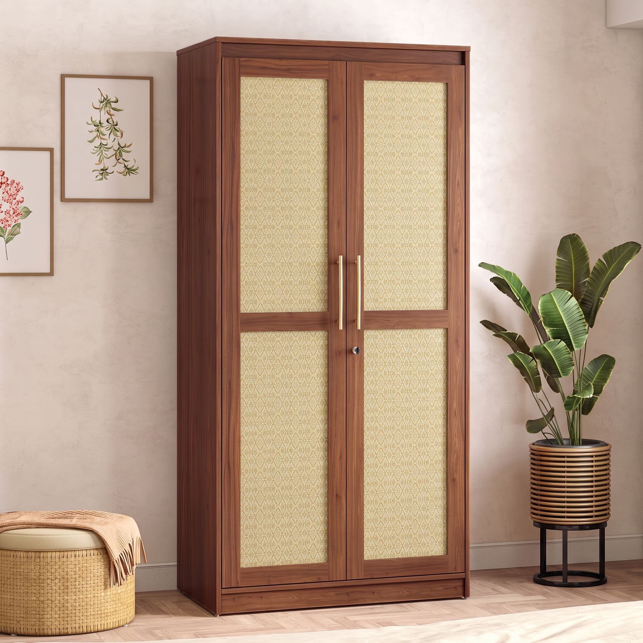 Kaarya Engineered Wood 2 Door Wardrobe in Wheat Brown Walnut Finish