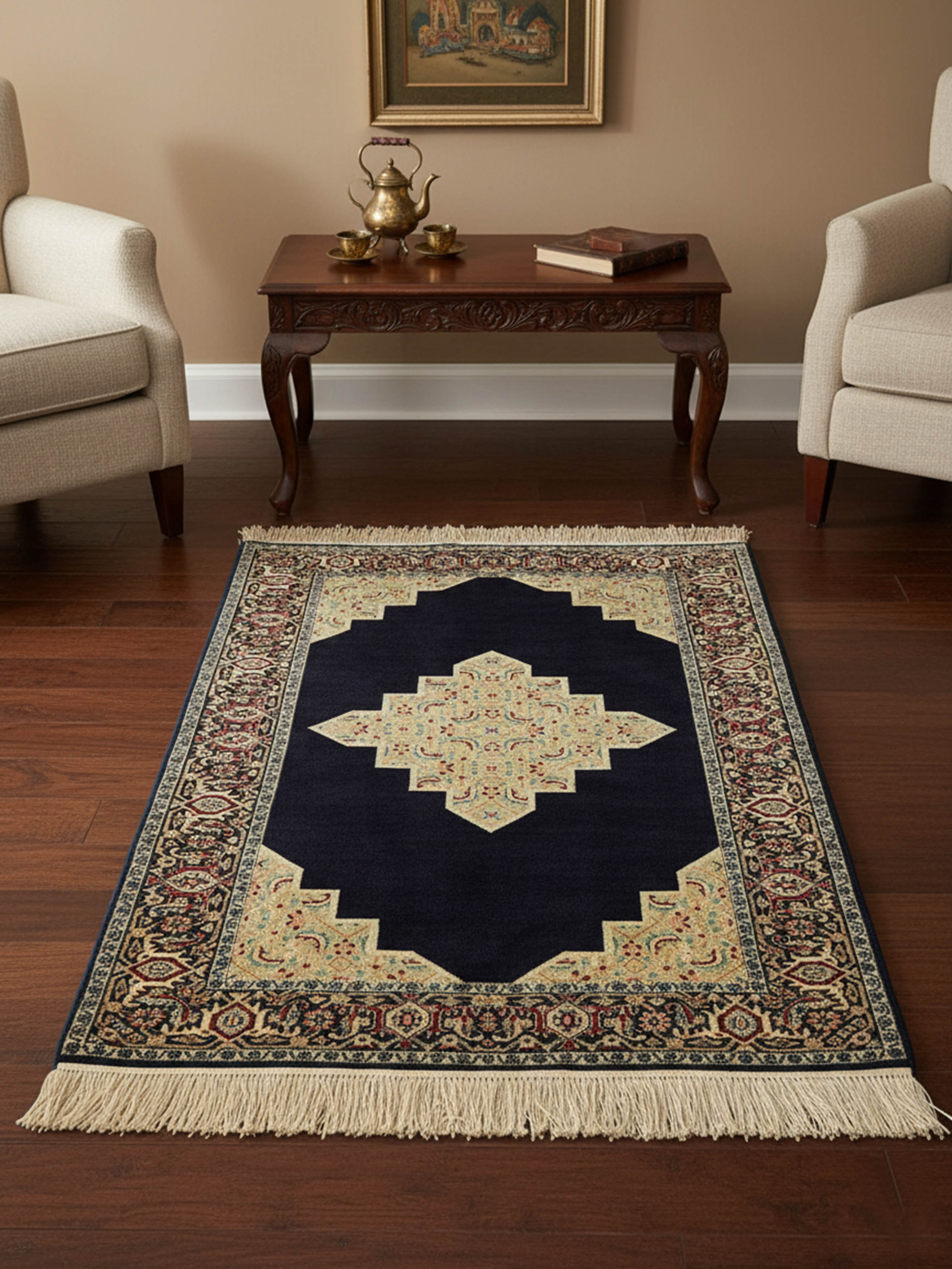 Traditional Persian Open Field Navy Kashmir Silk Hand-knotted Rug